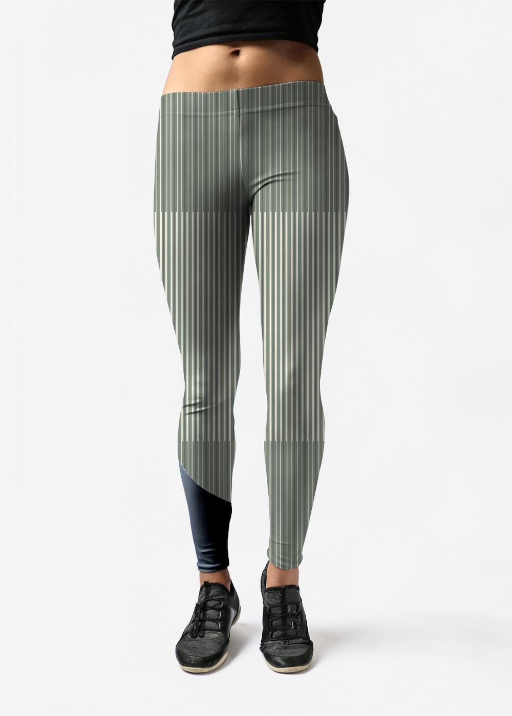 Leggings - Two Tone Olive Stripes in Green/Grey/White by VIDA Original Artist