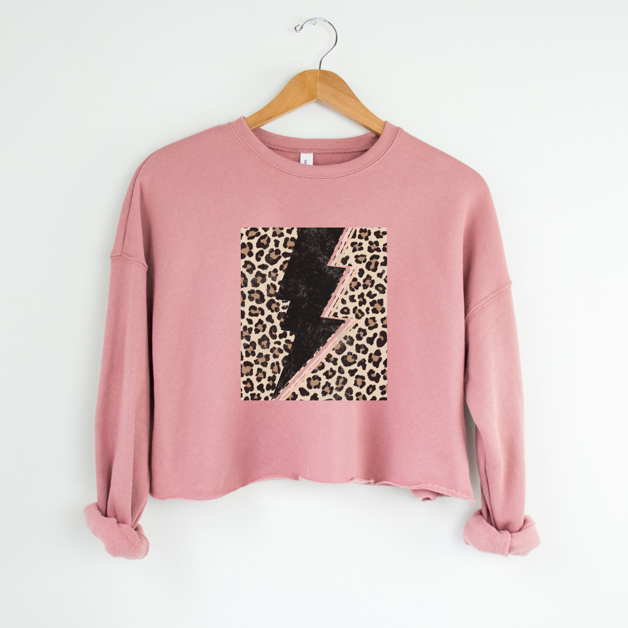 Leopard Lightning Bolt Cropped Soft Fleece Sweater/ Hoodie, Cheetah Print Shirt, Retro Cow Clothing, Long Sleeve