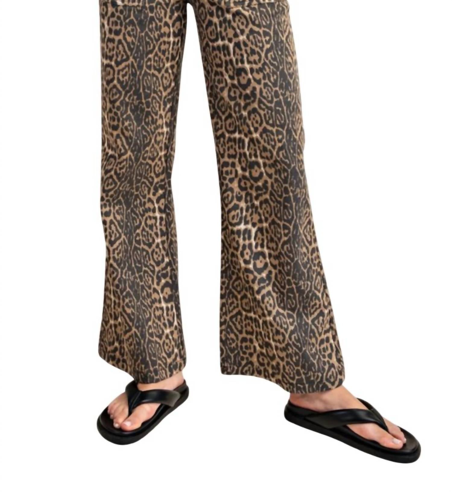 Leopard Print Flared Denim Pants In Brown