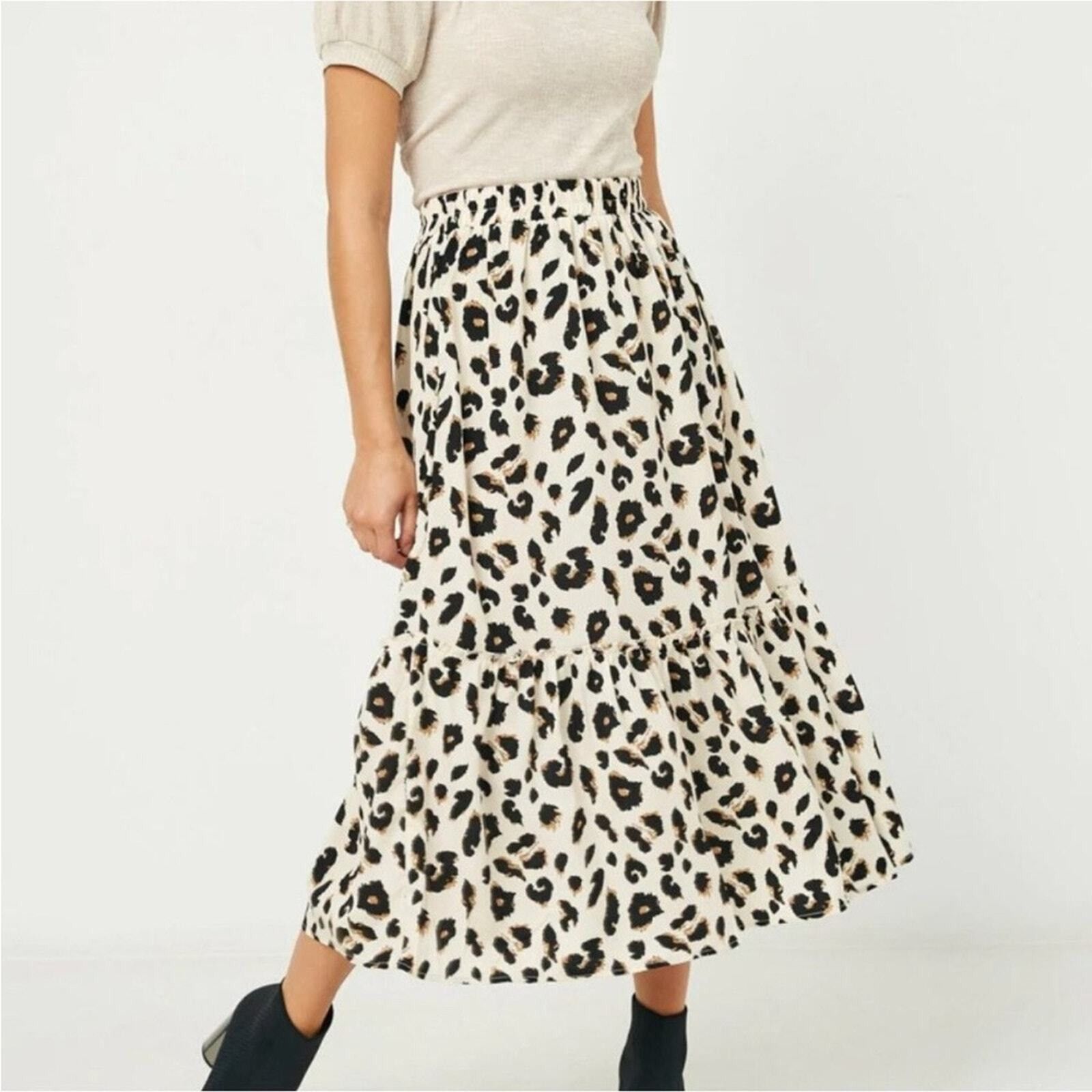 Leopard Print Tiered Midi Skirt For Women in Beige (Size 30)