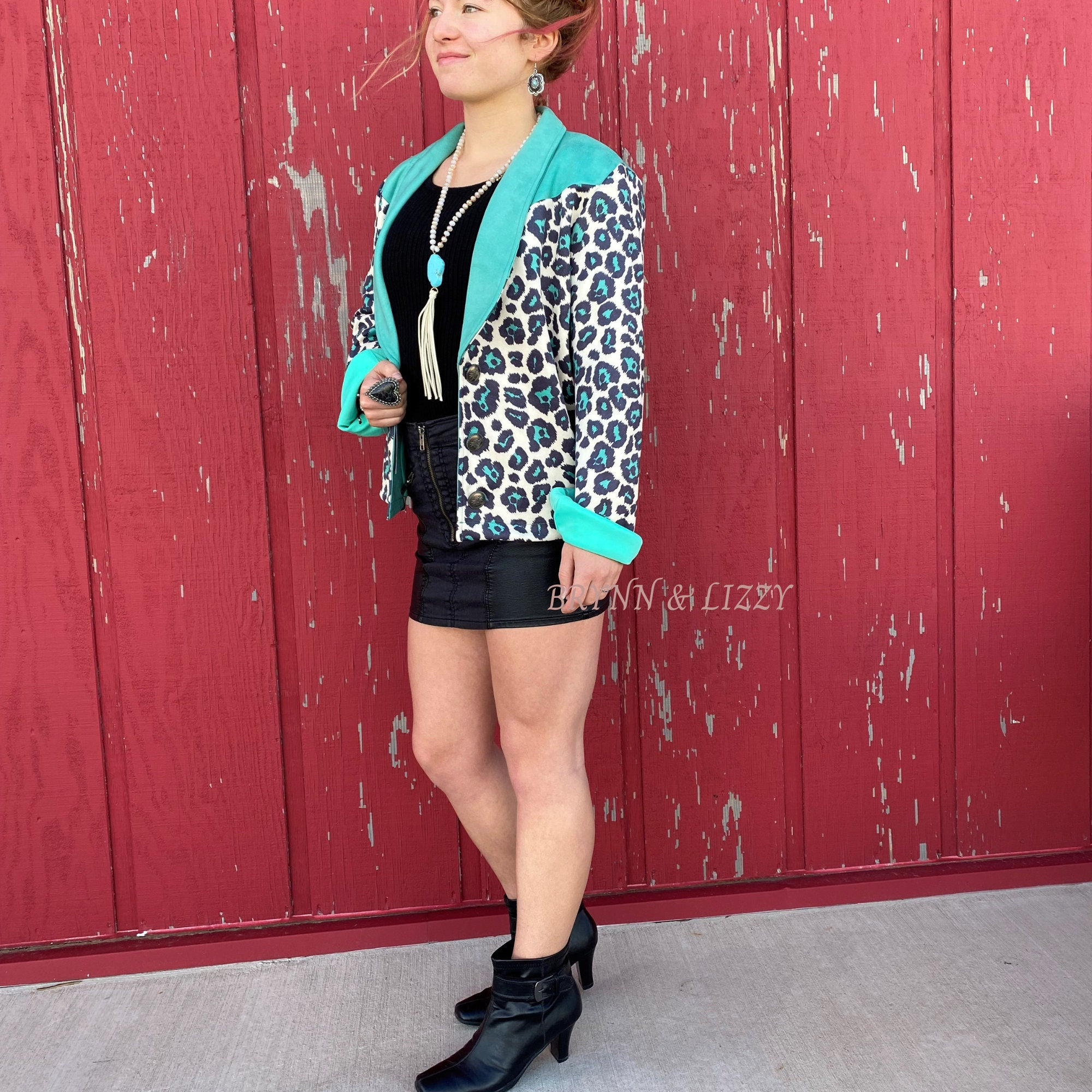 Leopard Print & Turquoise Women's Blazer, Western Faux Suede Jacket, Fall Finds, Thanksgiving, Business Coat, Southern Style, Gift For Her