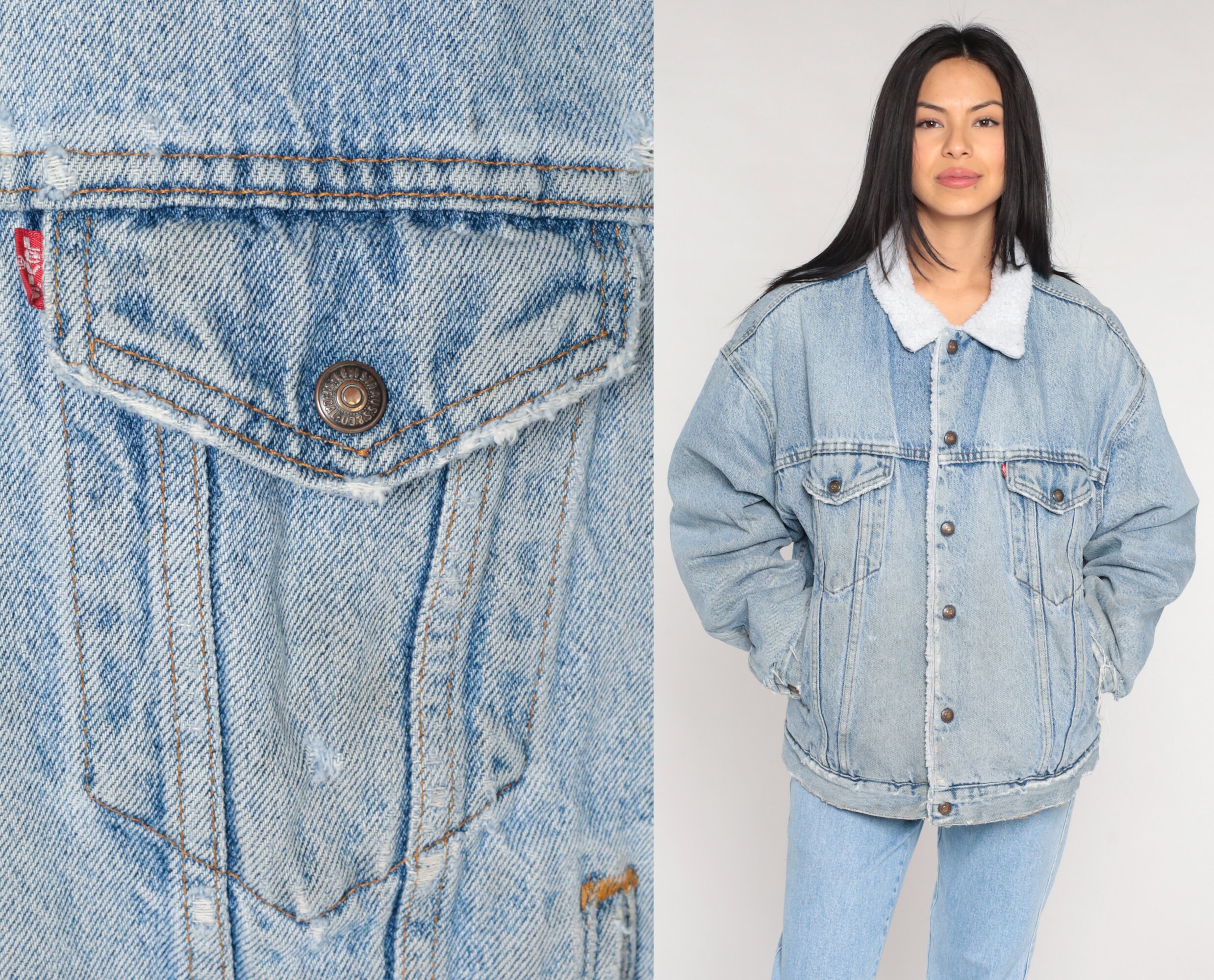 Levis Sherpa Jacket 90S Denim Shearling Button Up Stone Wash Jean Levi Strauss Fleece Lined Blue Coat Vintage 1990S Large L