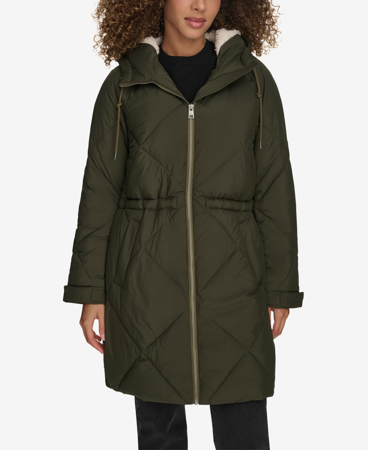 Levi's Women's Diamond Quilted Cinch Waist Parka Jacket - Army Green