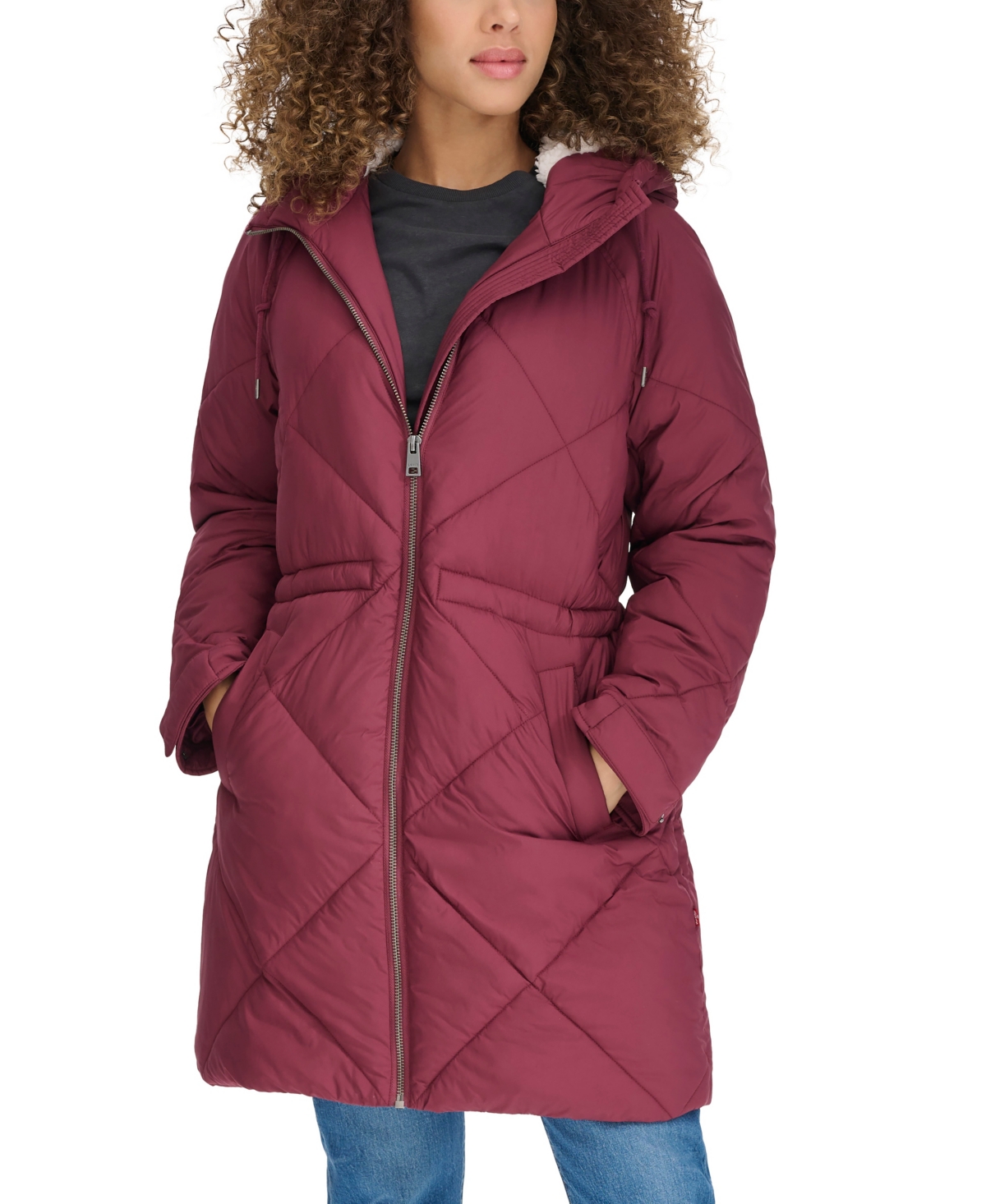 Levi's Women's Diamond Quilted Cinch Waist Parka Jacket - Burgundy