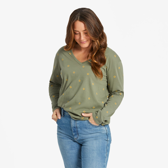 Life is Good Women's Simple Sunflower Pattern Long-Sleeve Crusher-LITE Easy Vee Top in Moss Green Size XS | 100% Cotton