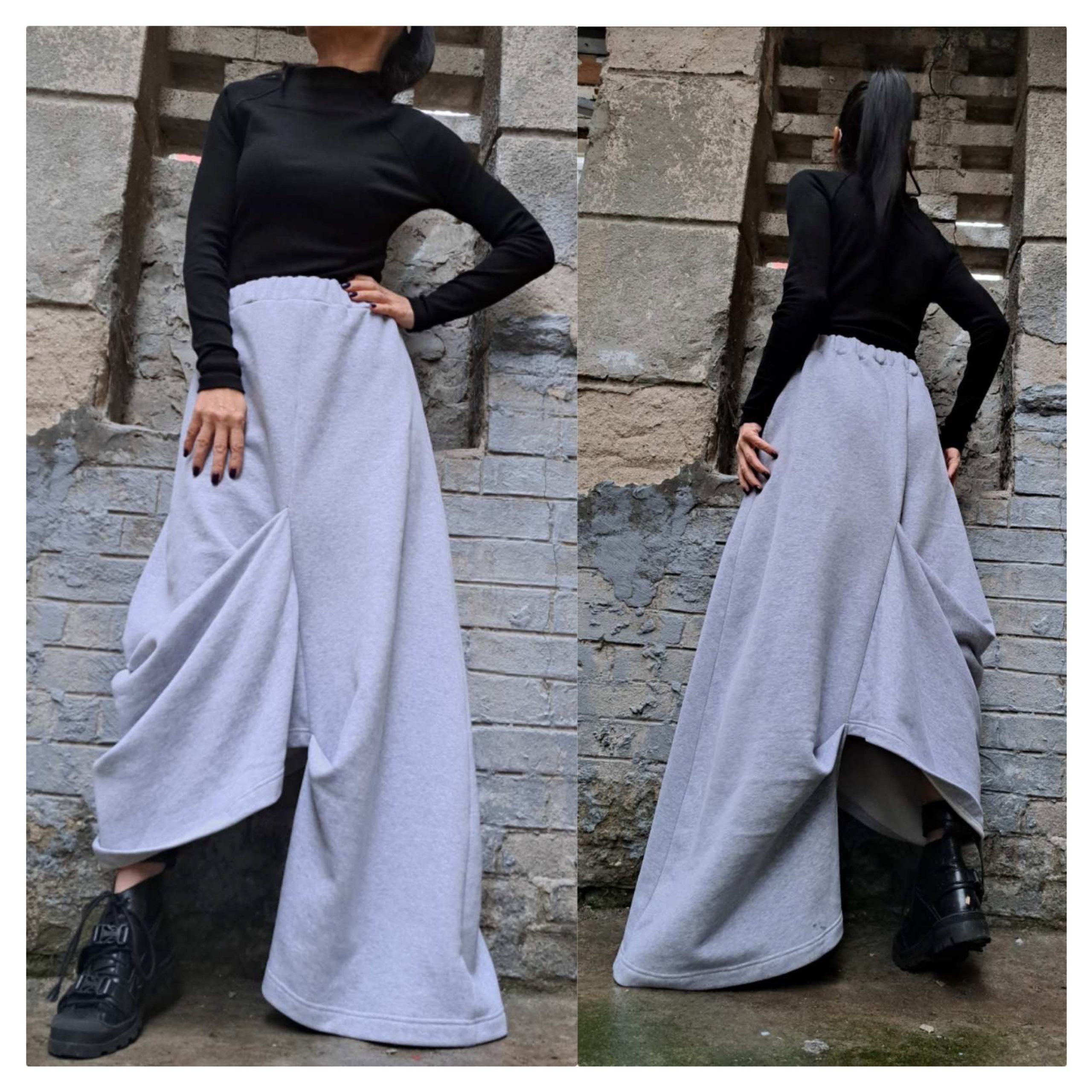 Light Grey Winter Skirt/High Waist Asymmetric Skirt/Casual Warm Woman Skirt/Extravagant Long Skirt/street Clothing/Maxi Cotton Skirt