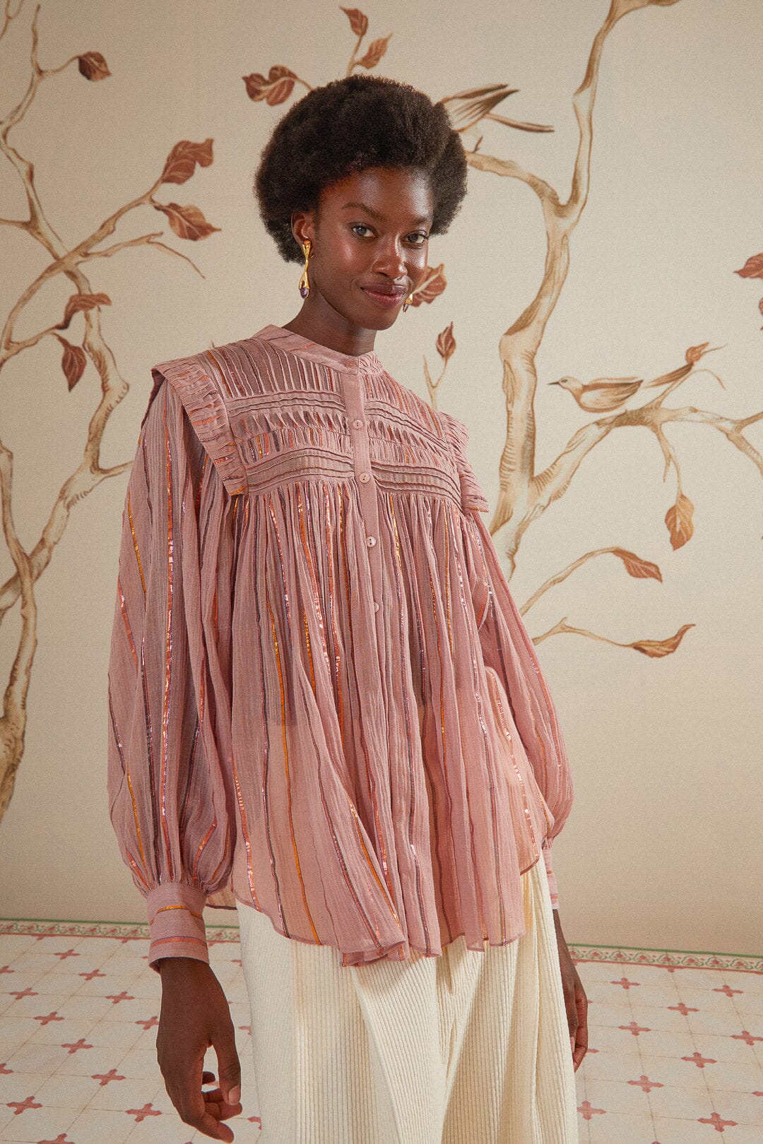 Light Pink Pleated Yoke Long Sleeve Blouse, PINK / XS