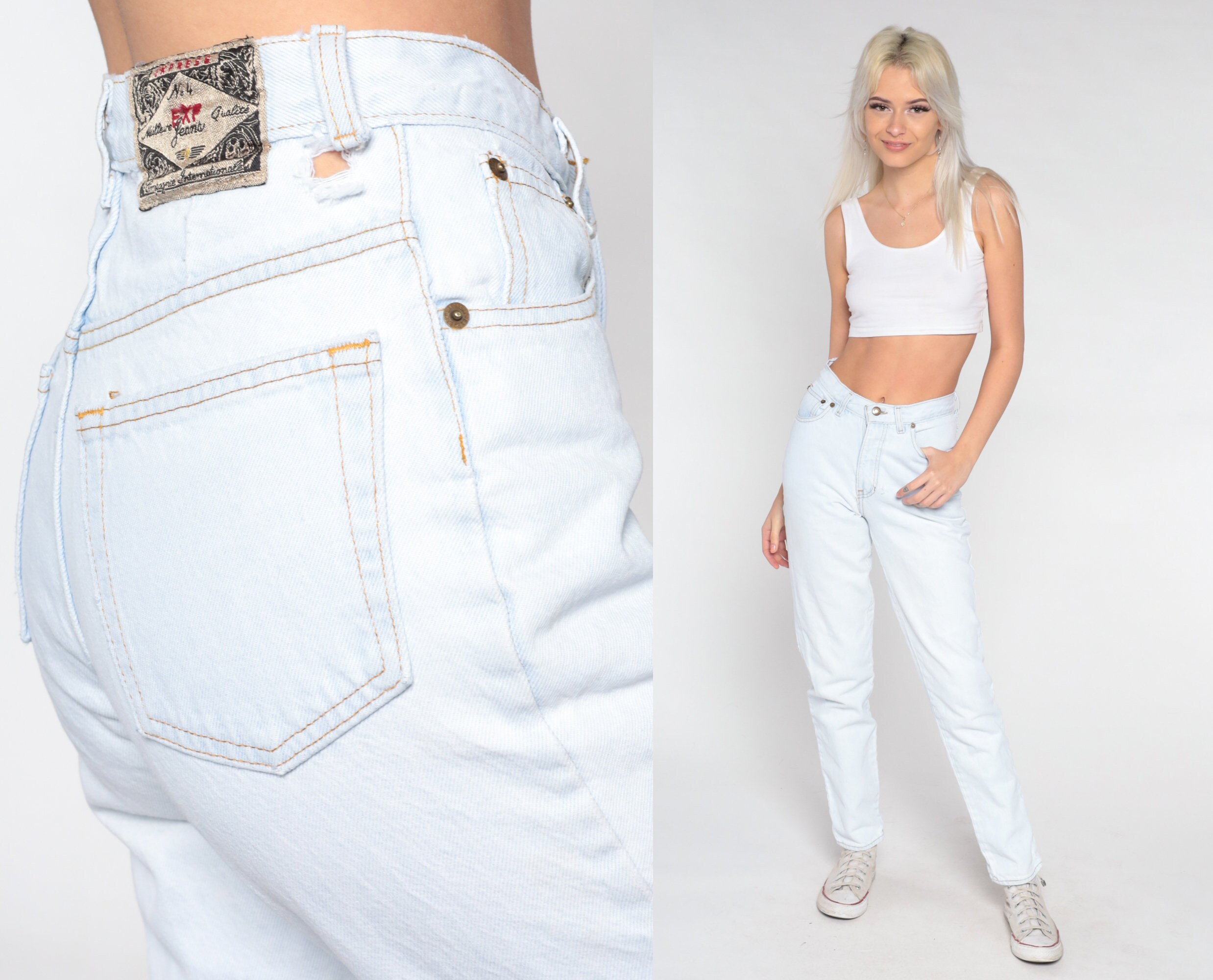 Light Wash Jeans 90S Mom Pale White-Blue Skinny High Waisted Denim Pants Tapered Slim Retro Stone Vintage 1990S Extra Small Xs 25