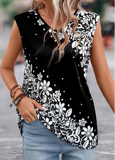 Lightweight Floral Print Black V Neck T Shirt