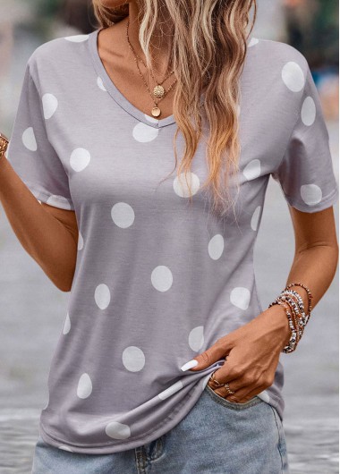 Lightweight Polka Dot Grey V Neck T Shirt