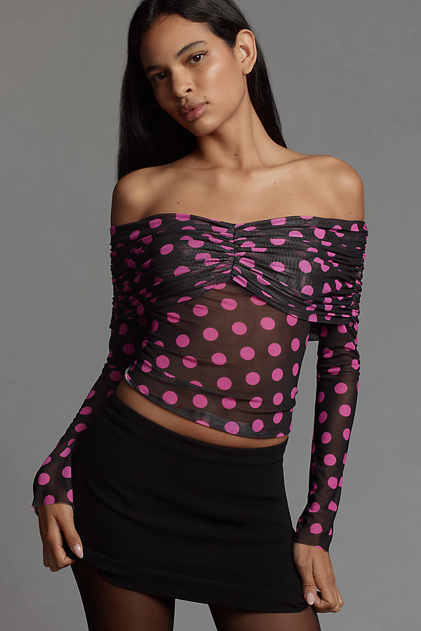 Lilith Off-The-Shoulder Mesh Long-Sleeve Top