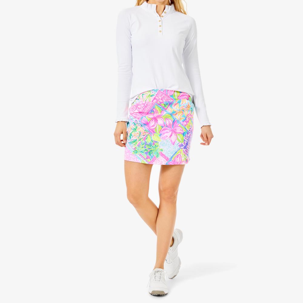 Lilly Pulitzer Luxletic Hutton Long Sleeve Ruffled Polo Top, White, XS