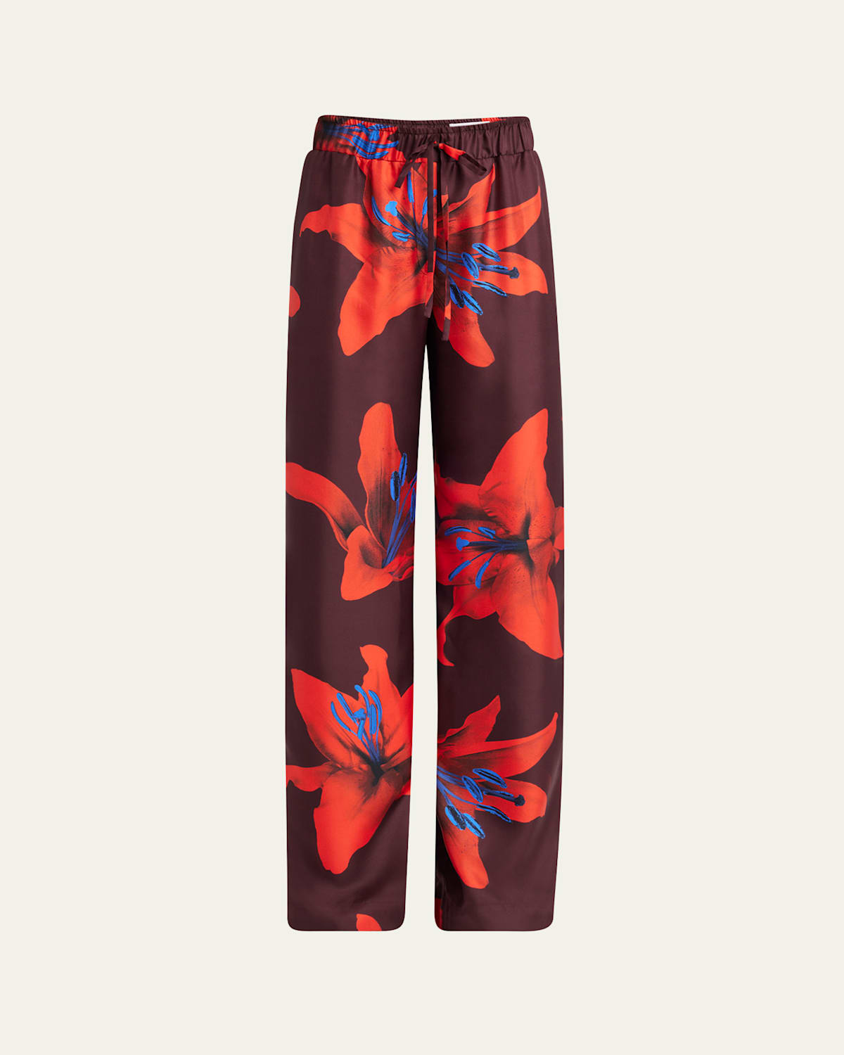 Lily-Print Silk Wide-Leg Pull-On Trousers