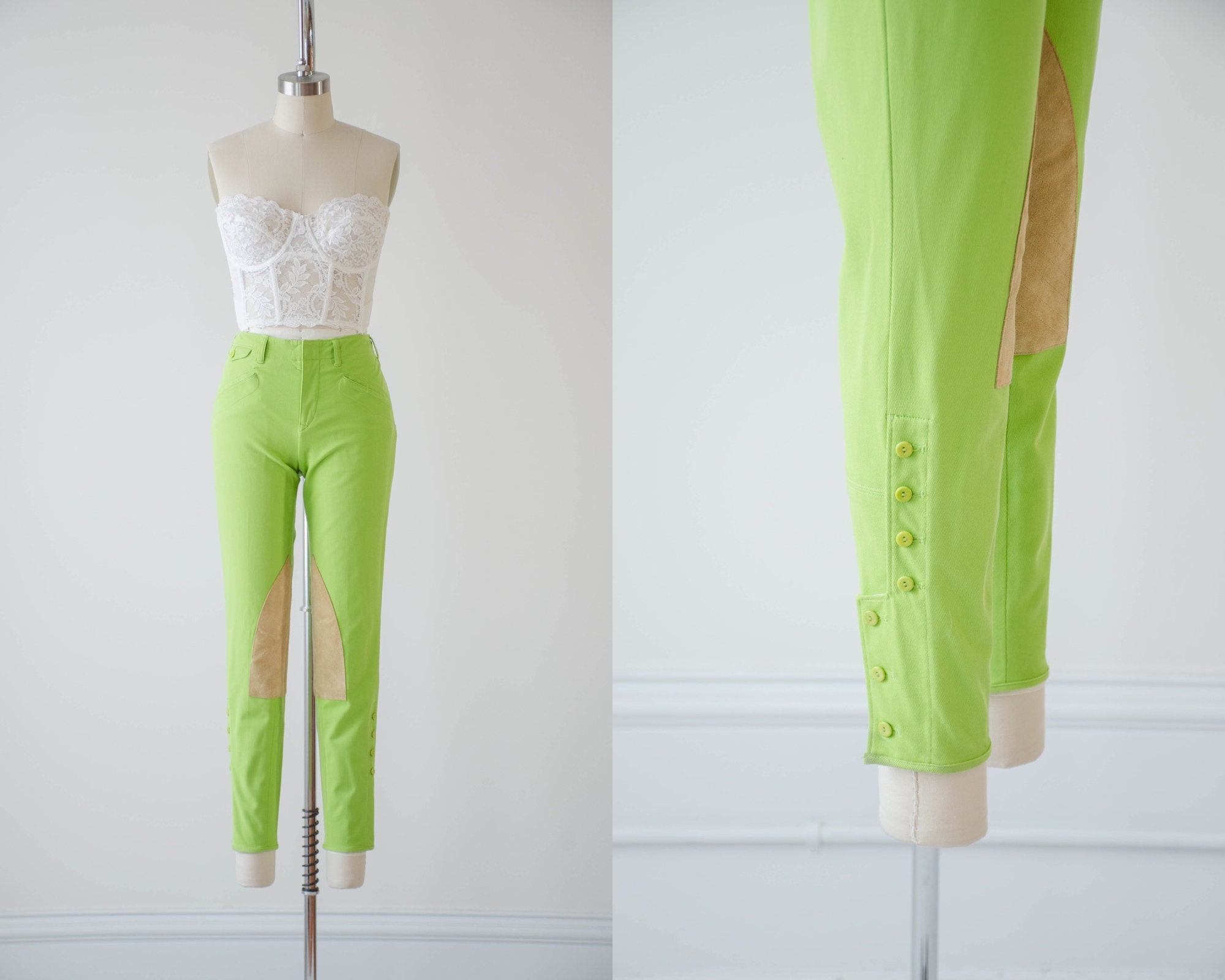 Lime Green Pants | 90S Y2K Vintage Ralph Lauren Neon Jodhpurs Equestrian Style Riding Skinny Low Rise