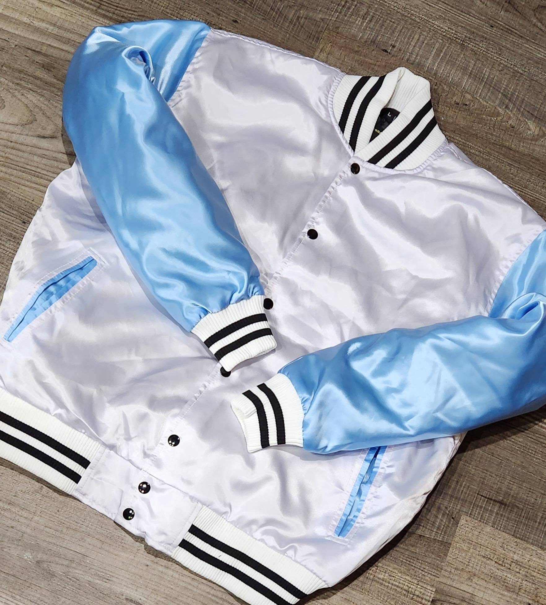 Limited Edition Satin, Carolina Blue Arms, White Body, Blk Stripes, Varsity Jacket With Ribbed Cuffs, Interior Zipper, Starter Sport