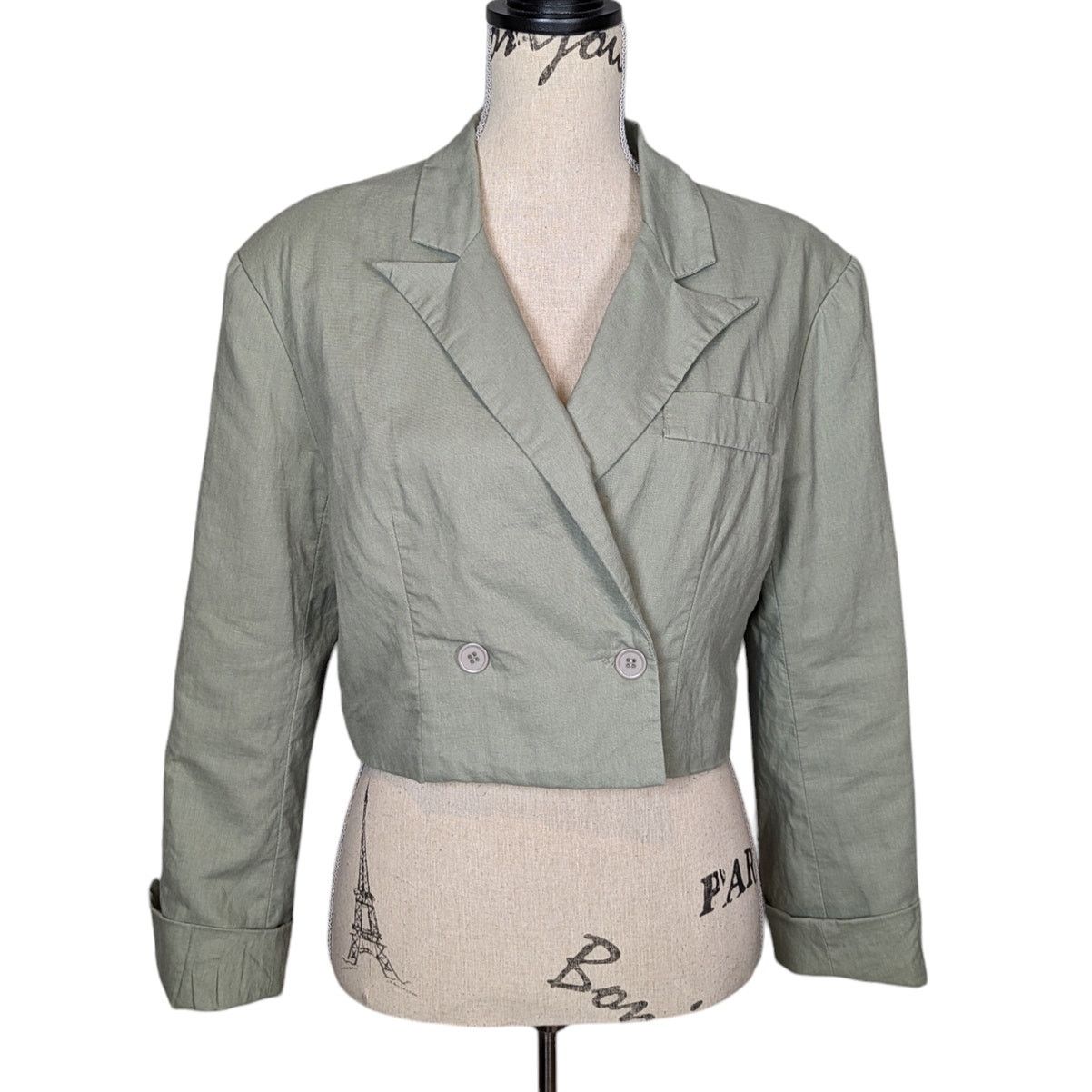 Linen And Cotton Cropped Blazer Light Green Size Large, Women's