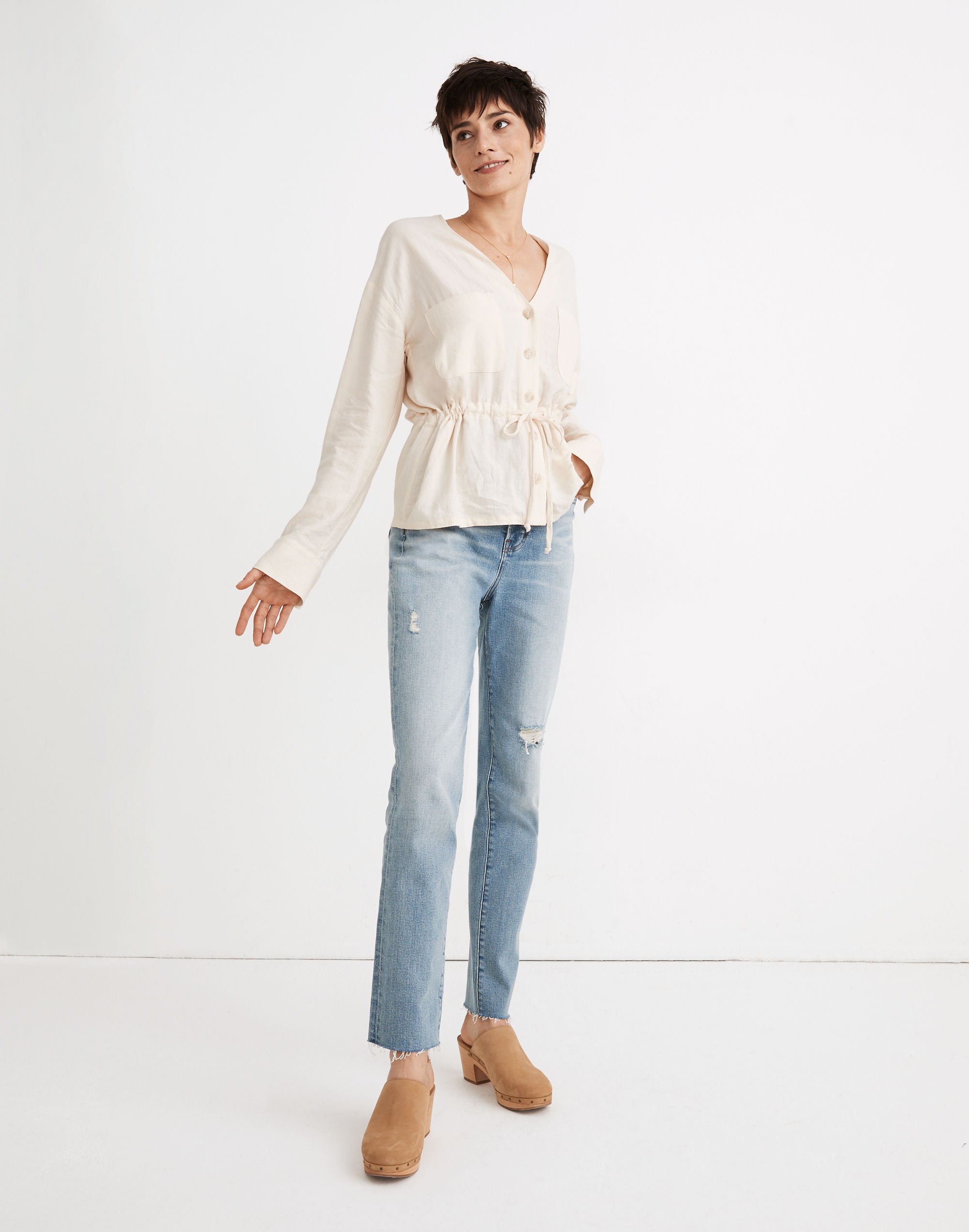 Linen-Blend Drawstring Peplum Top