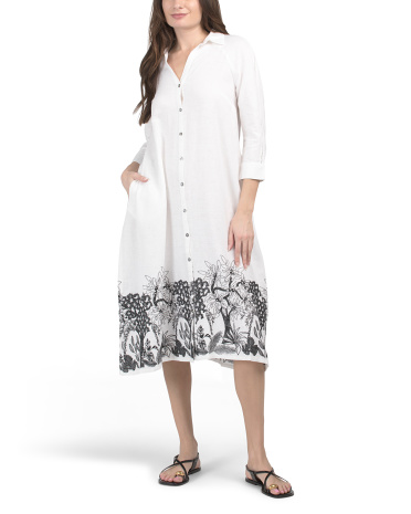 Linen Blend Embroidered Maxi Shirt Dress for Women | Cotton/Viscose