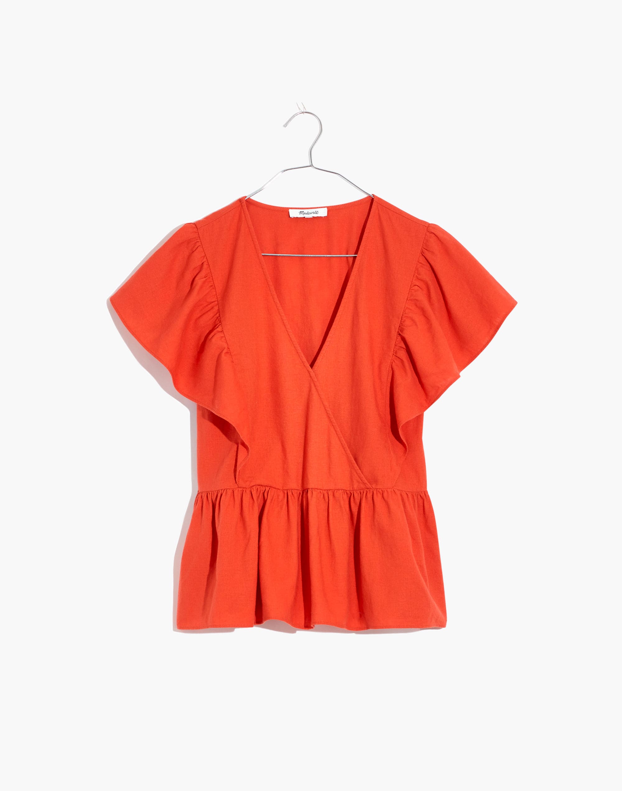 Linen-Blend Flutter-Sleeve Peplum Top