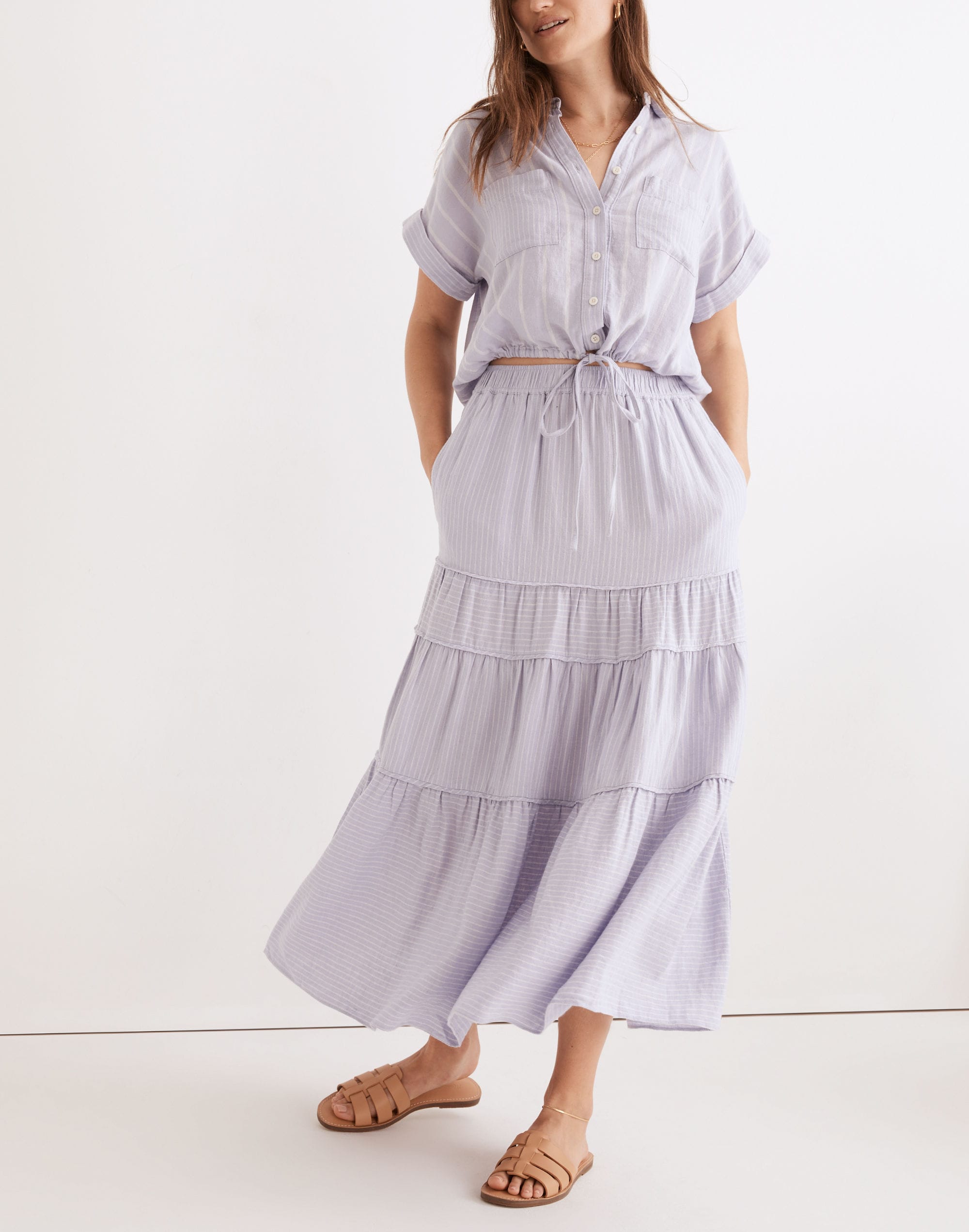 Linen-Blend Pull-On Tiered Maxi Skirt in Stripe-Play