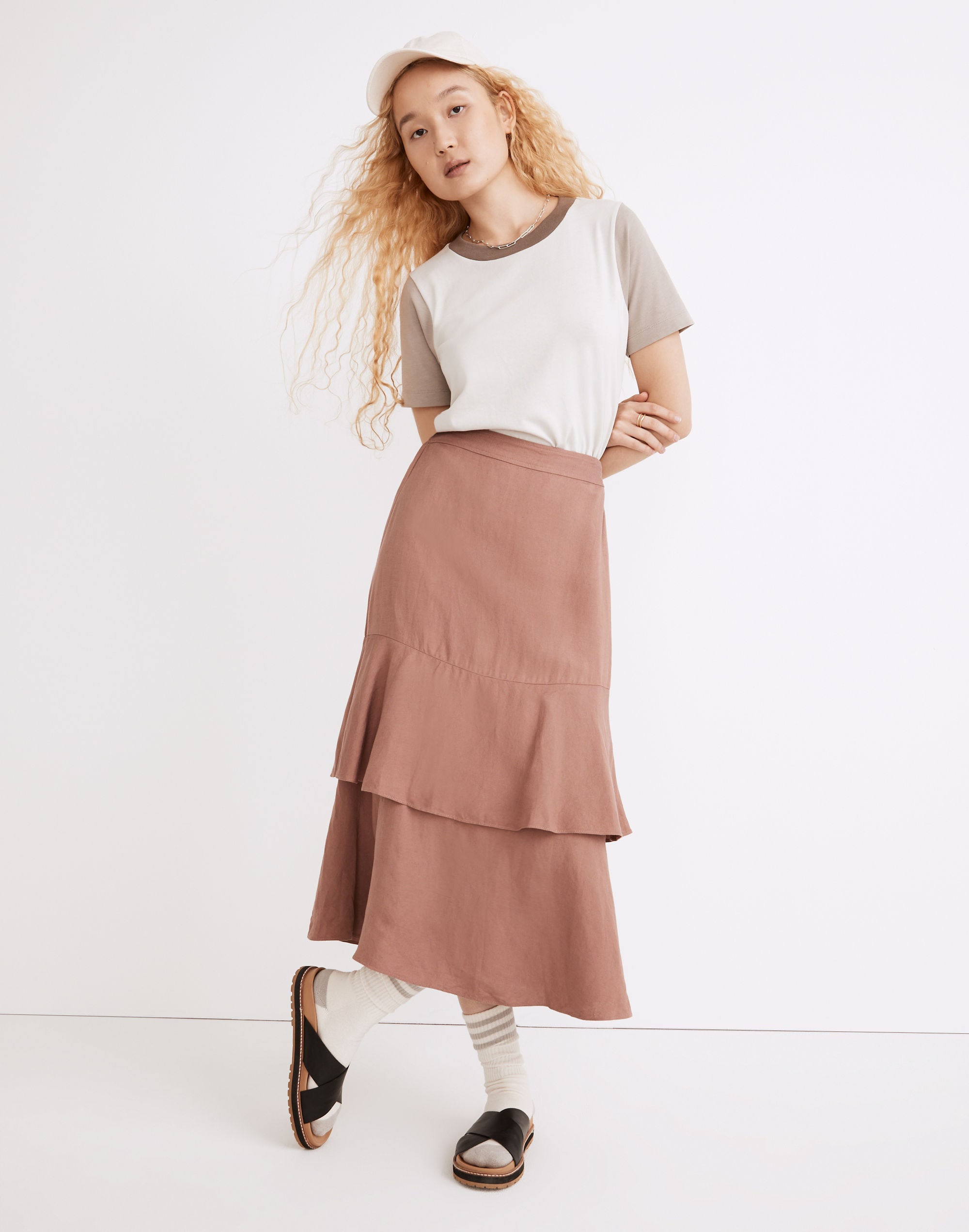 Linen-Blend Ruffle Tiered Midi Skirt