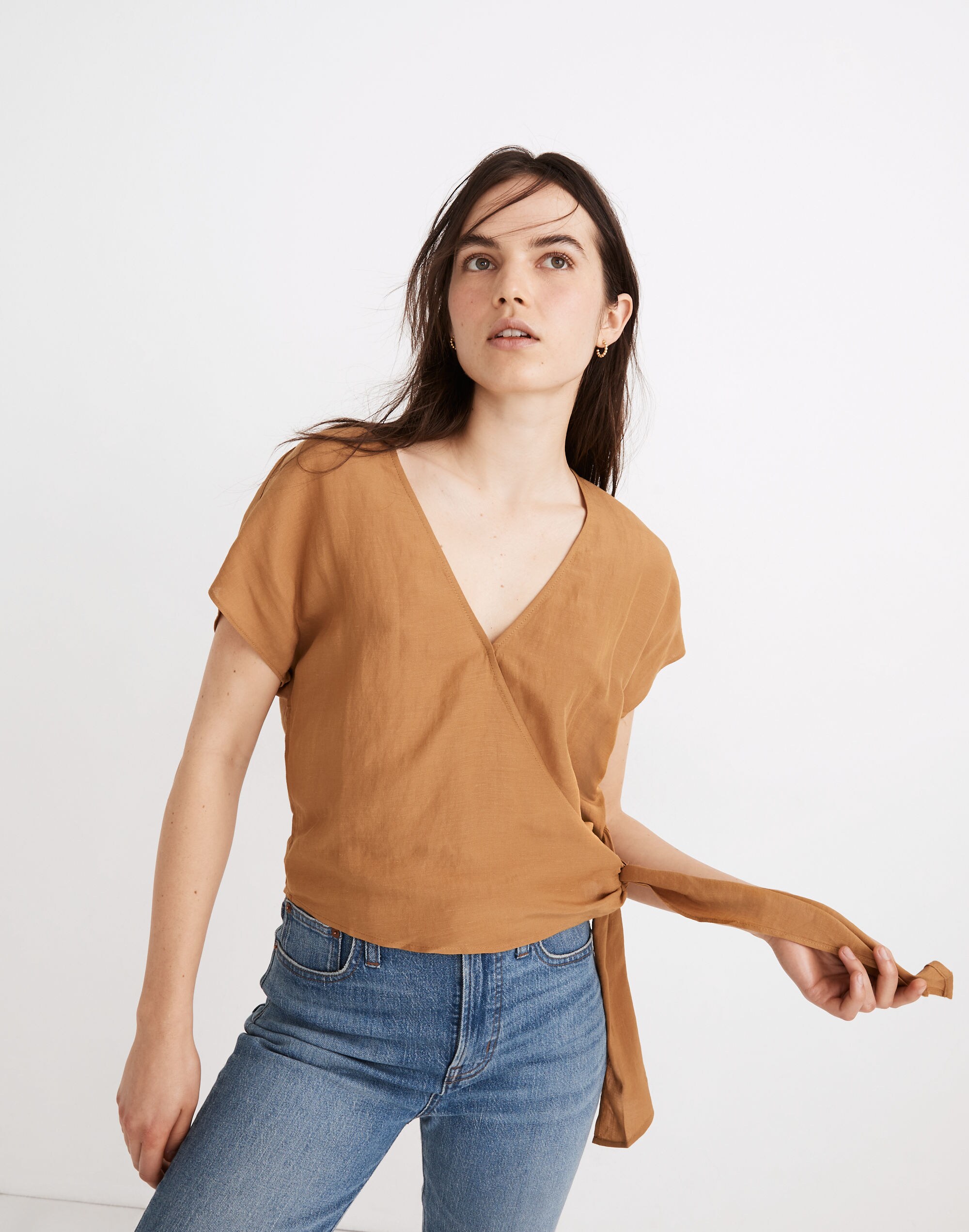 Linen-Blend Sash-Tie Wrap Top