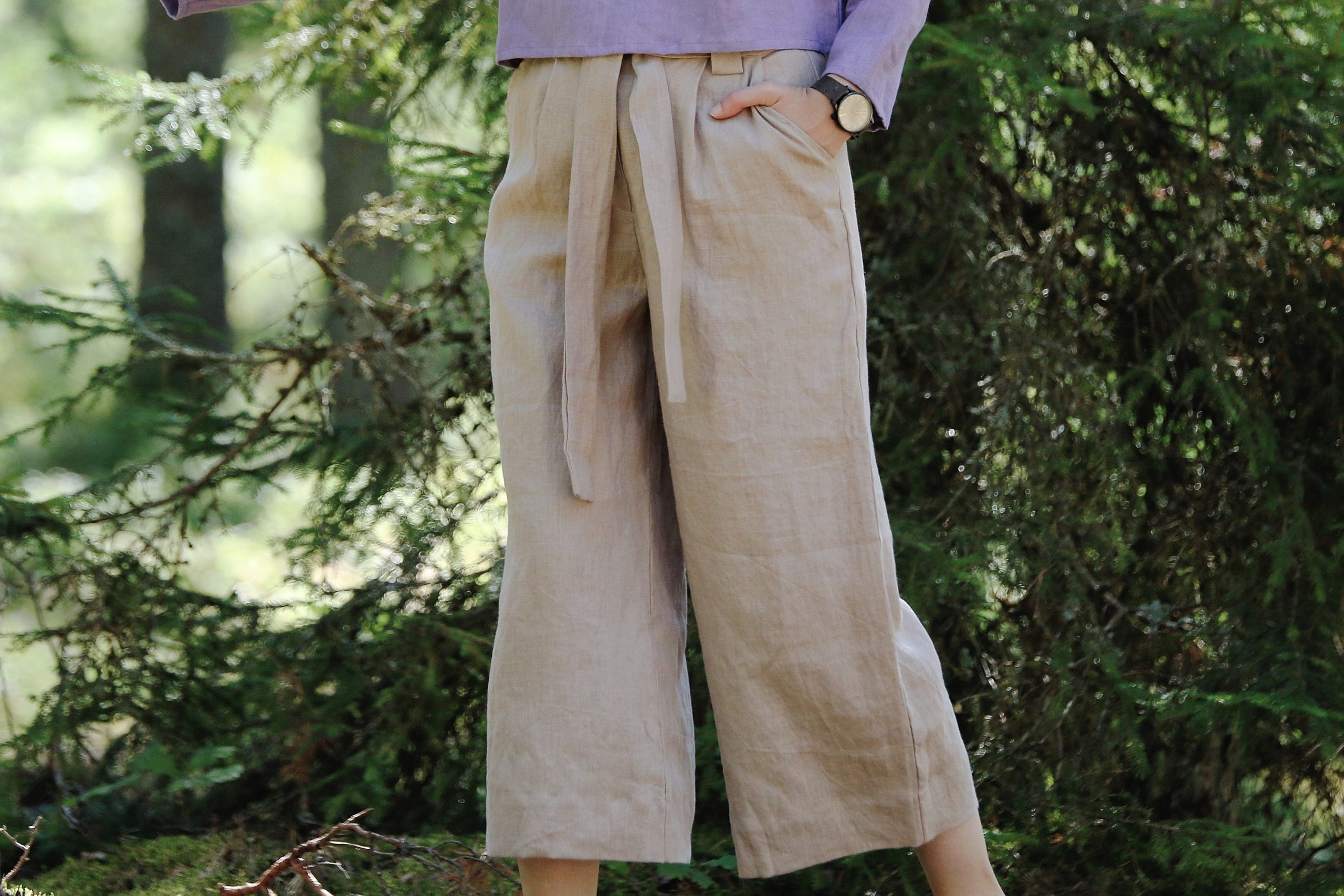 Linen Capri Pants Olivers, Linen Pants, Loose With Belt, Wide Leg Culottes, Cropped High Waist Trousers