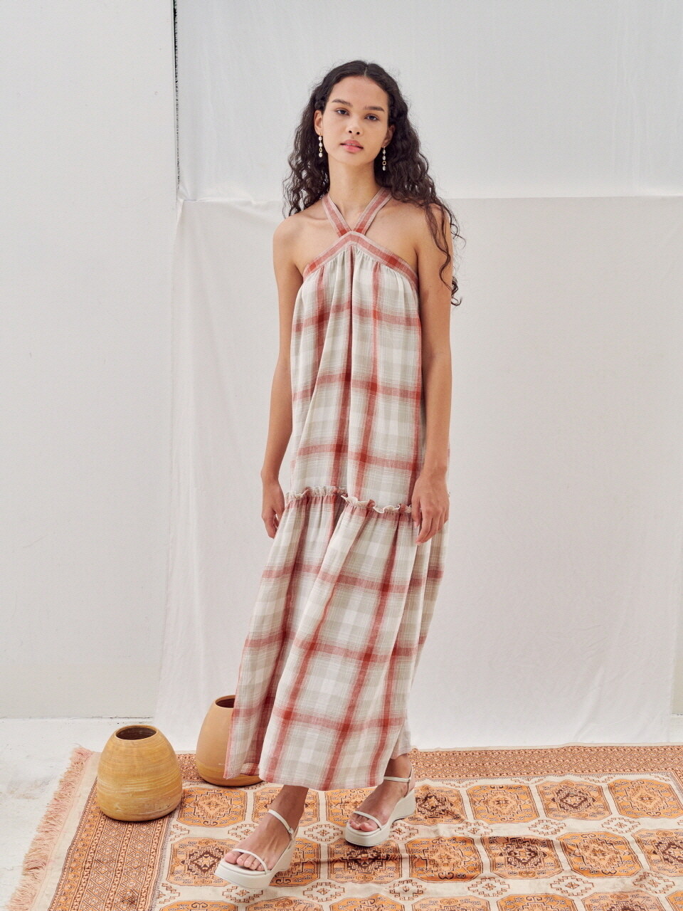 Linen Checked Halter-neck Maxi Dress