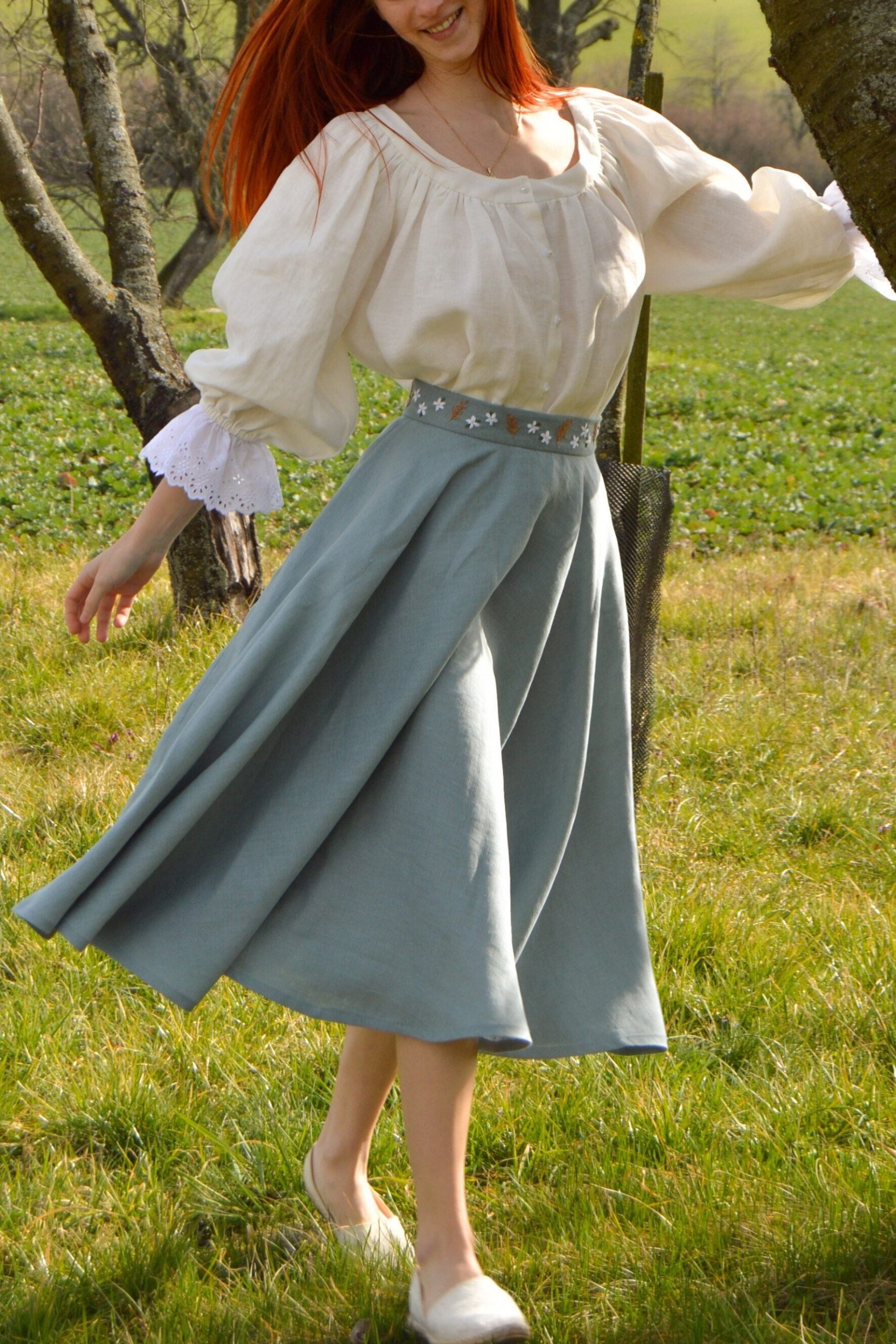 Linen Circle Skirt, Embroidered Skirt For Women, Full Rosie Skirt