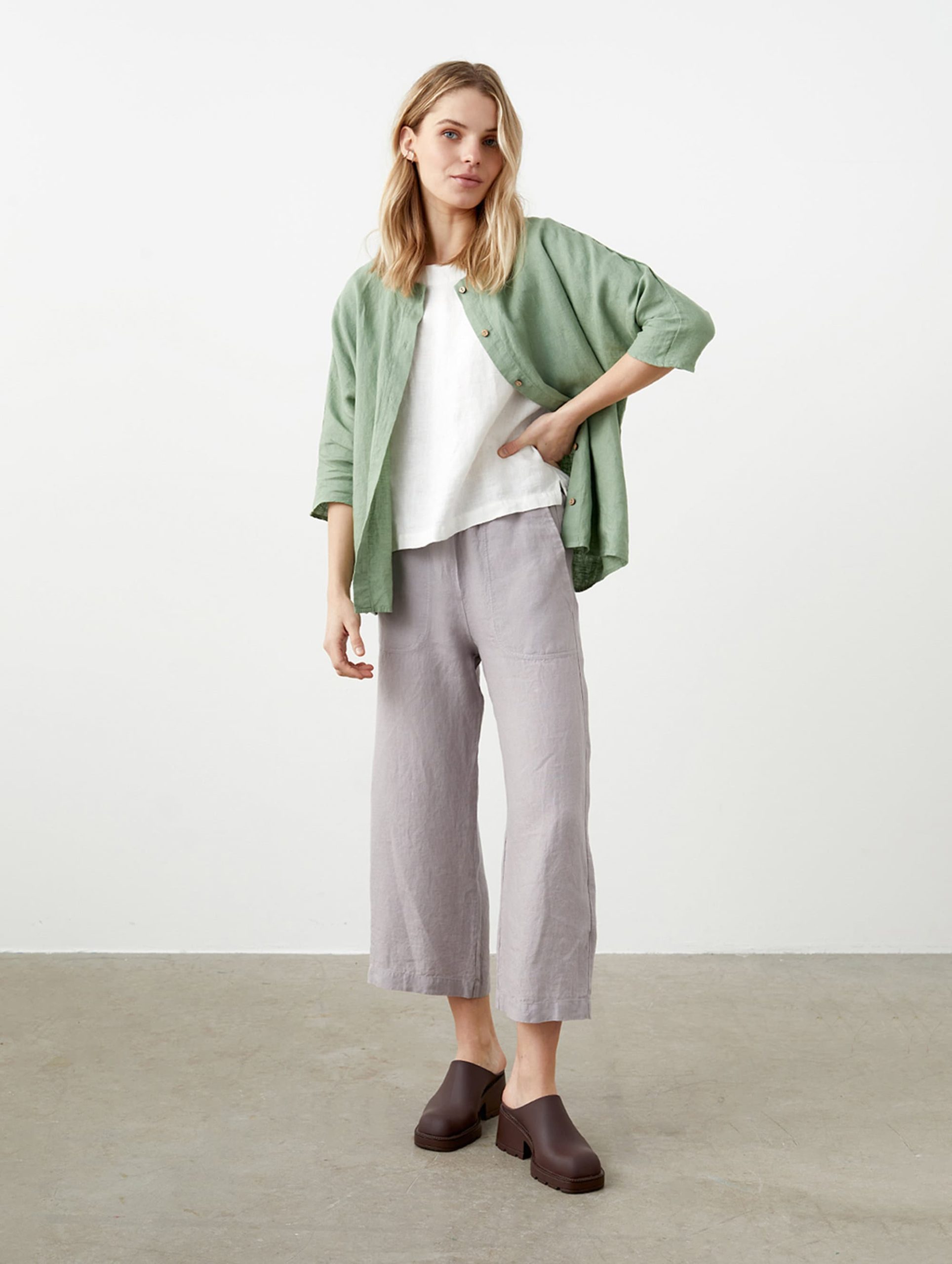 Linen Culottes With Elastic Waist, Wide Leg Linen Pants Pockets, Cropped Trousers For Women Pecan