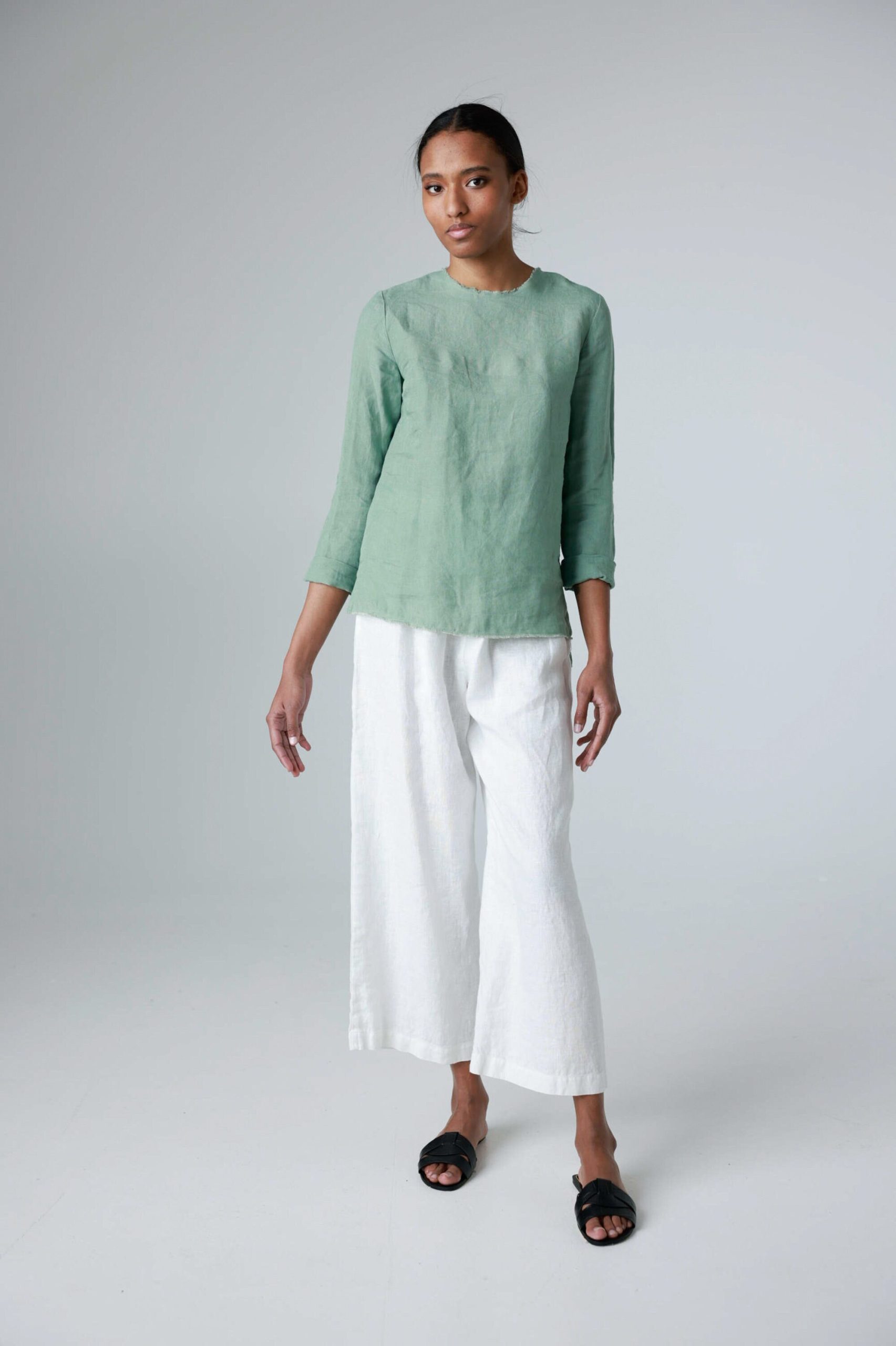 Linen Lounge Culottes, Linen Yoga Pants, Wide-Leg Trousers With Elastic Waist, Meditation Cropped Air