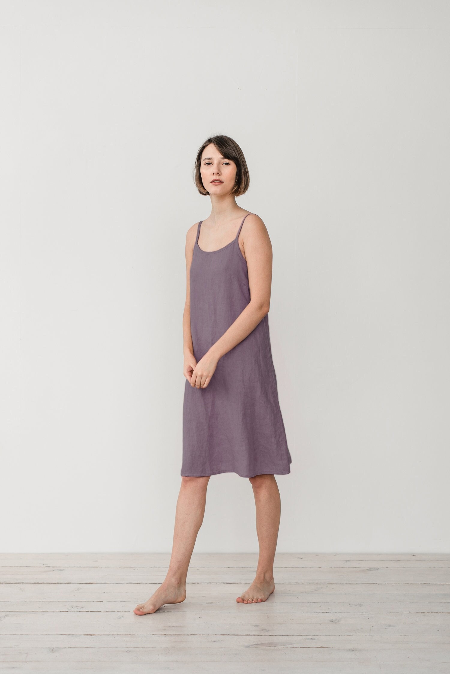 Linen Night Dress For Women - Slip With Adjustable Straps Camisole Midi Nightie Adela Cami