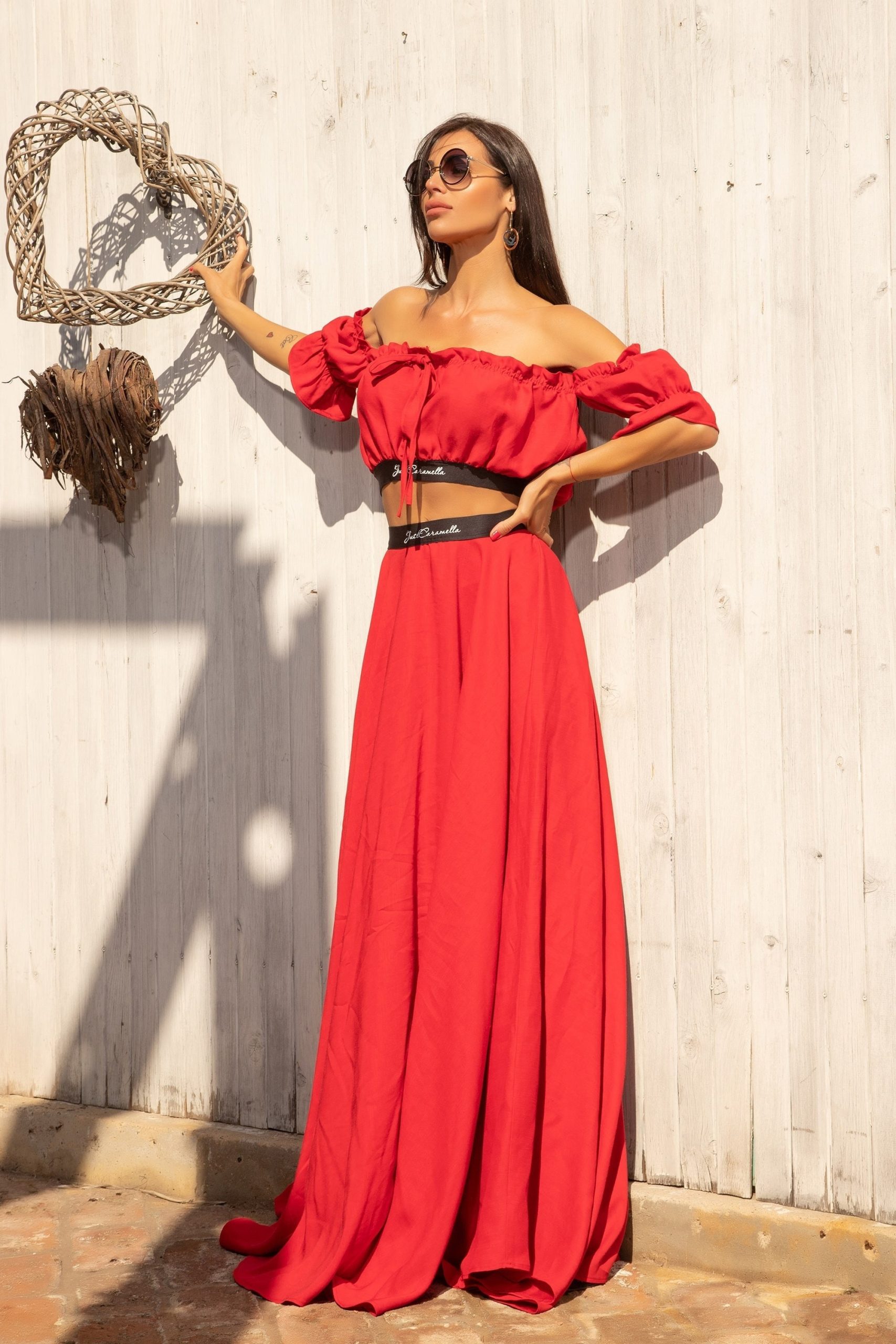 Linen Red Long Set, Composed Of An Off-The-Shoulder Short Sleeve Crop Top & Long Flowy Skirt By Caramella Fashion - 082095