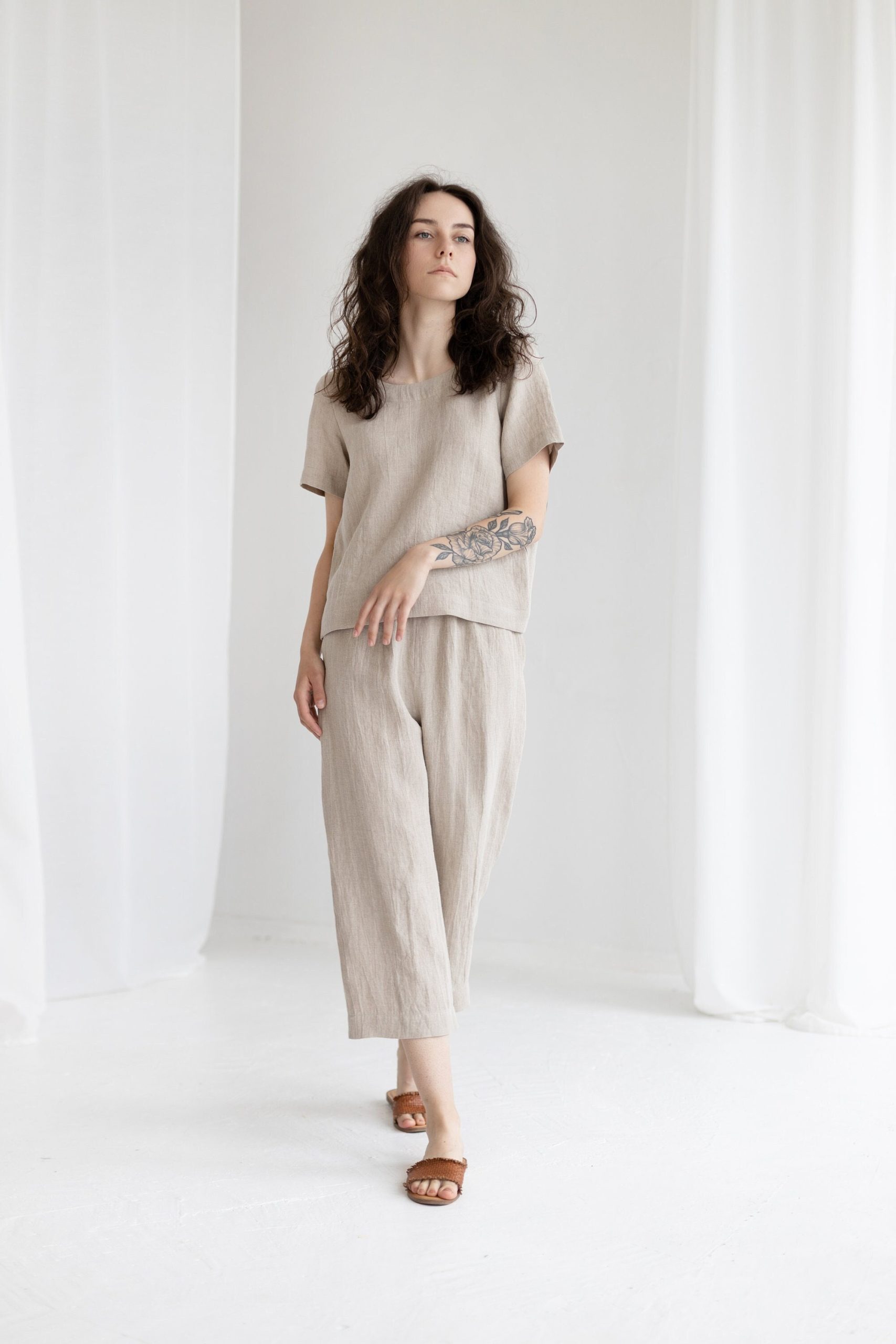 Linen Two Piece Set. Matching Set For Women. Wide Pants & Top Soft Linen Lounge Culottes Crop