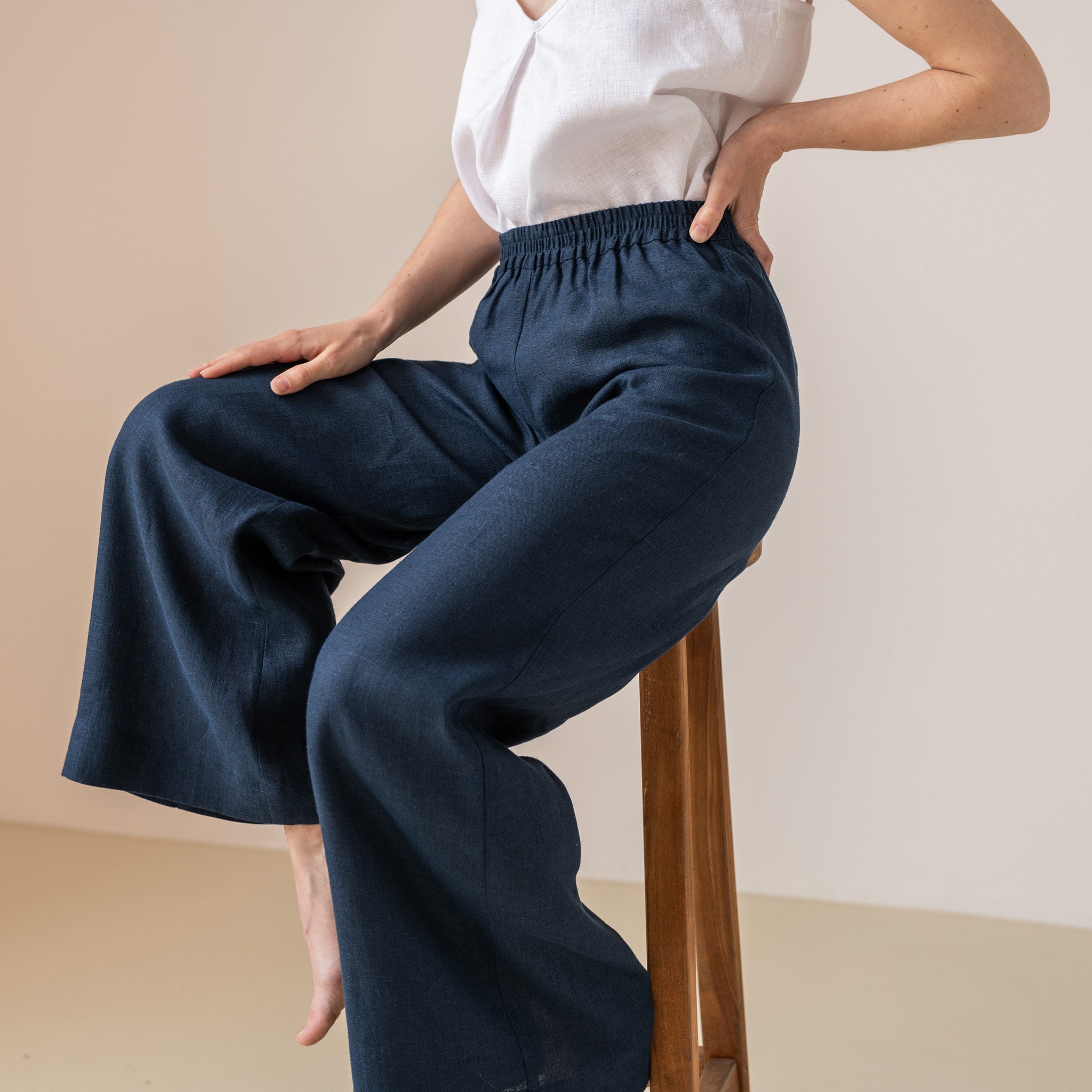 Linen Wide-Leg Pants - Blue, Grey, White, Natural Coloured Women Trousers