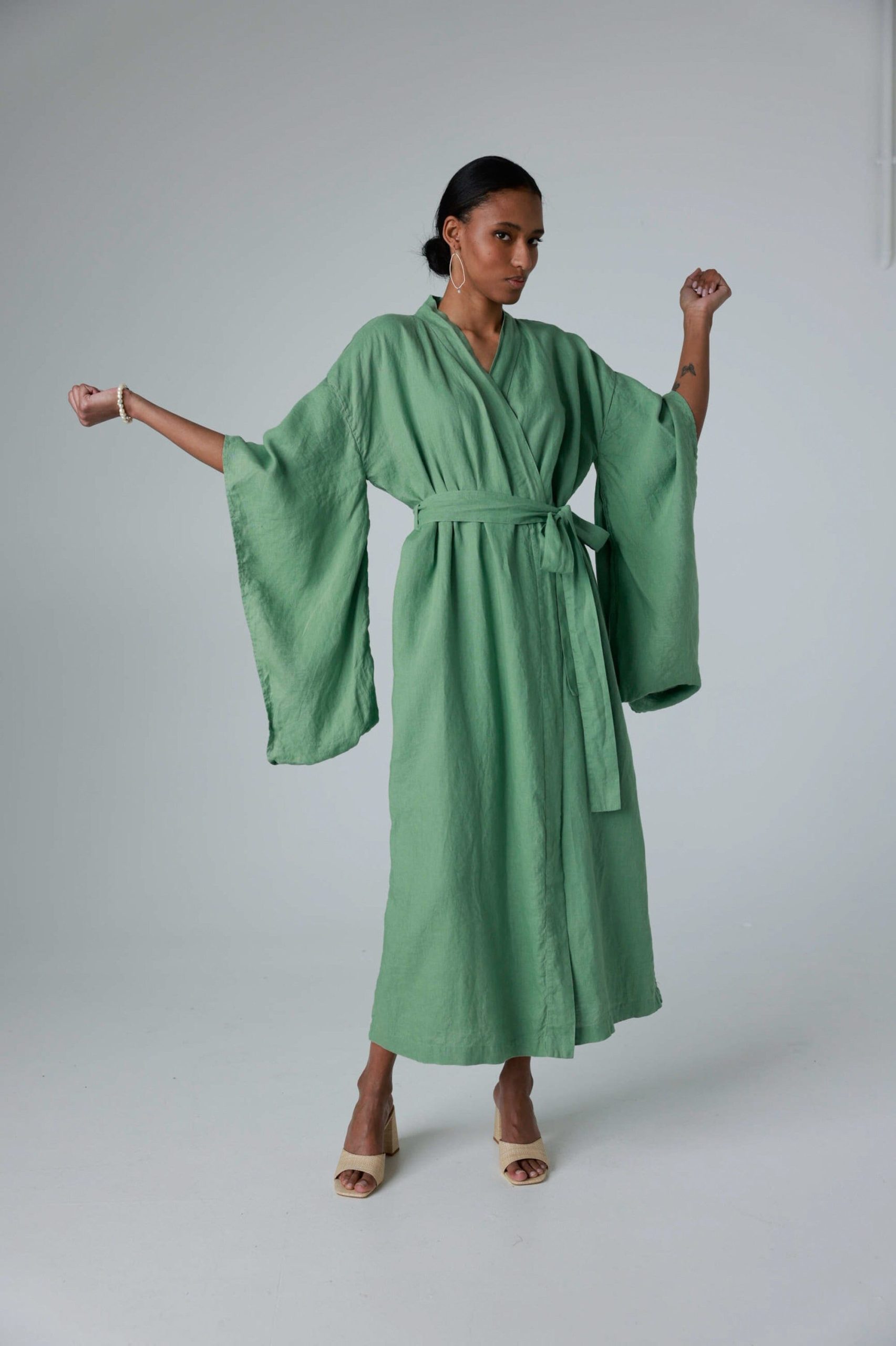 Linen Wrap Dress With Full Kimono Sleeves, Linen Pockets, Coat Patricia