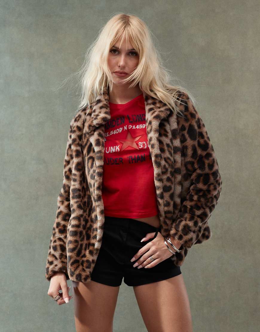 Lioness exclusive faux fur coat in leopard print-Multi