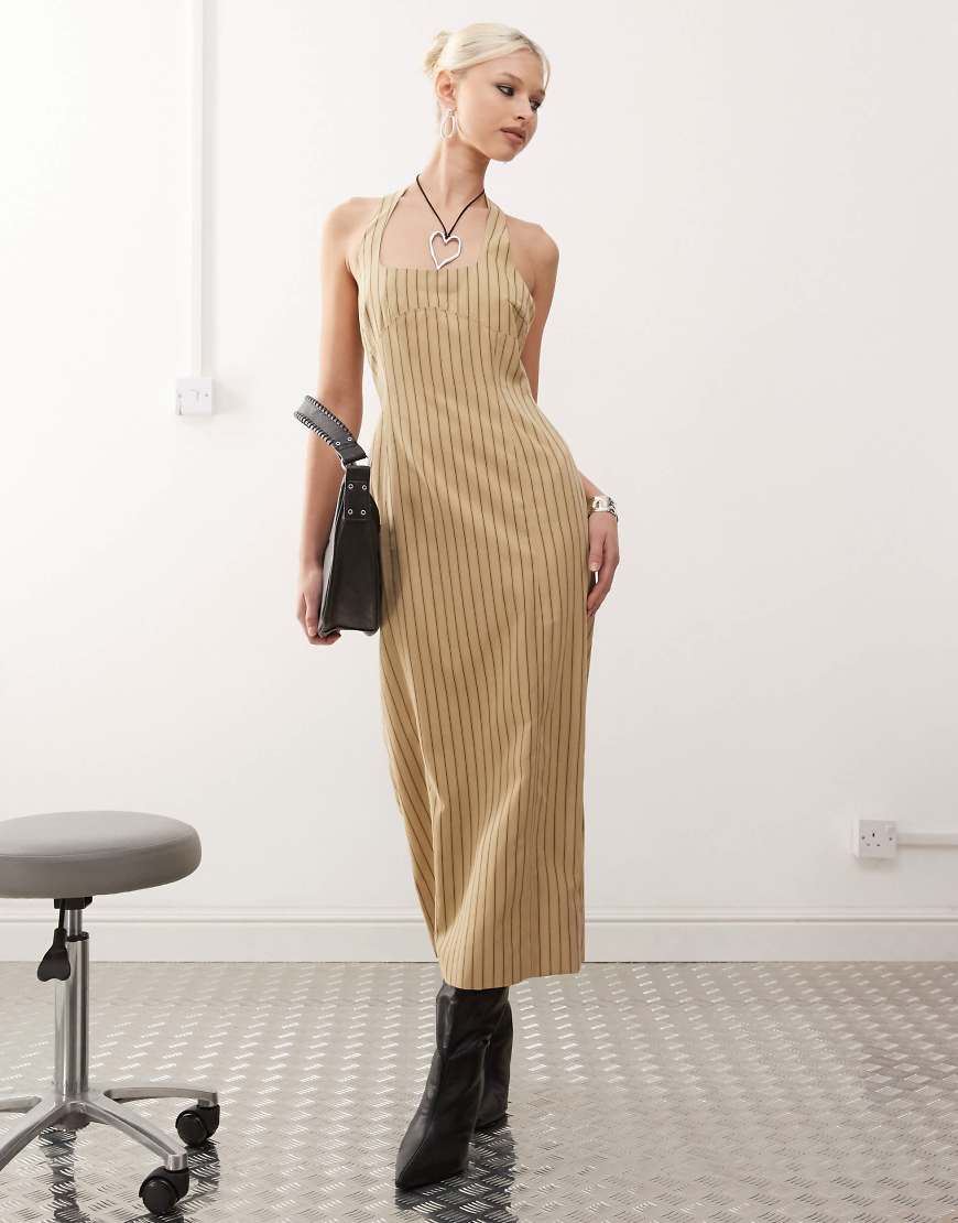 Lioness halter neck back split midi dress in beige stripe-Neutral