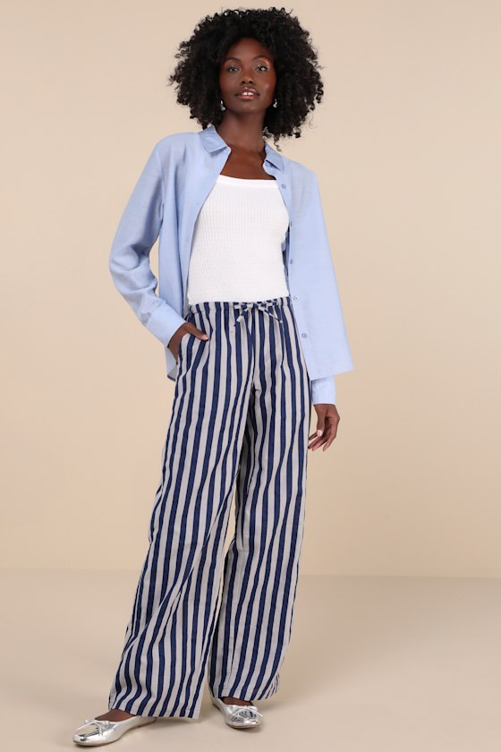 Lirura Blue and Grey Striped Cotton Wide-Leg Drawstring Pants