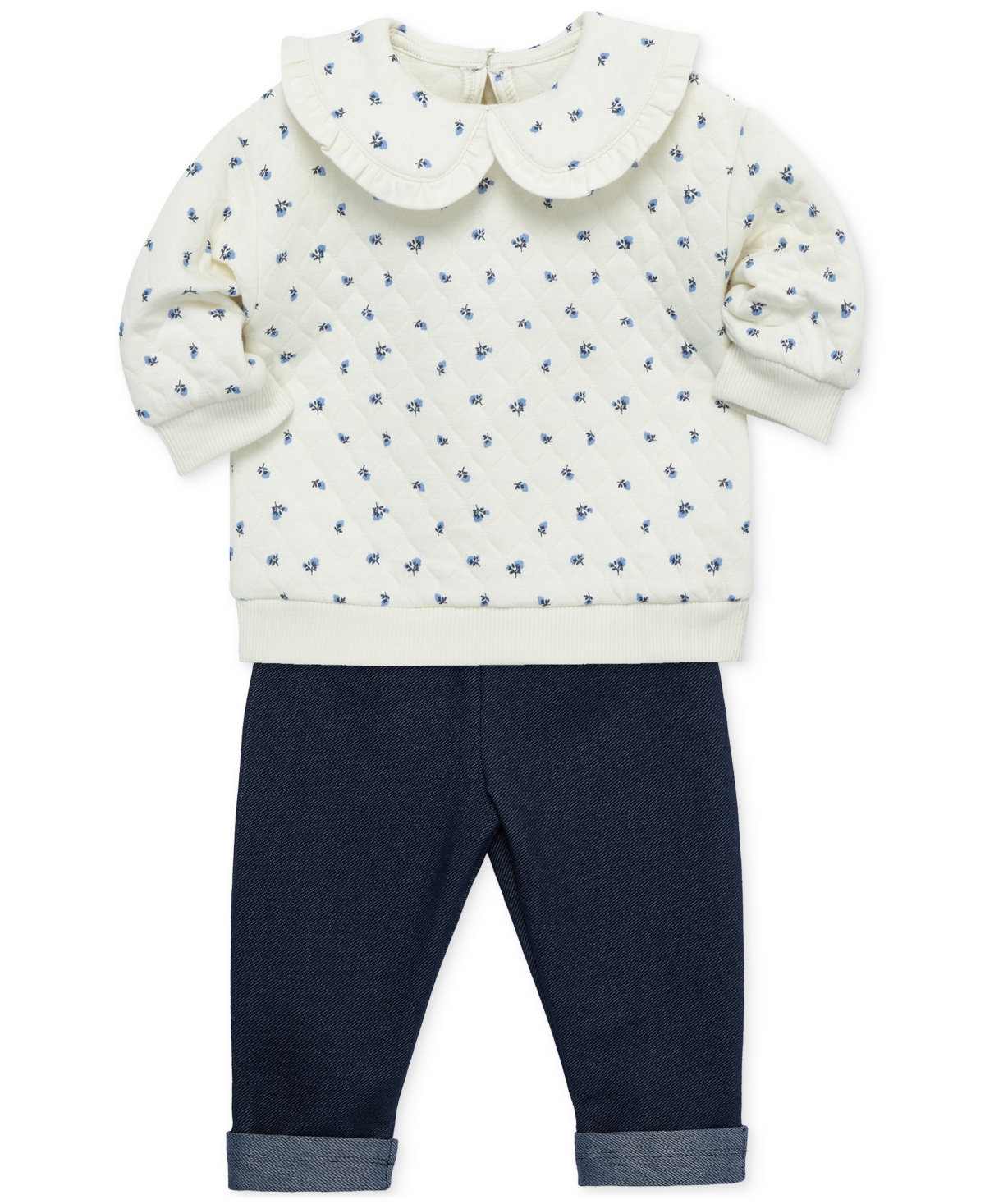 Little Me Baby Floral-Patterned Quilted Sweatshirt & Knit Denim Pants, 2 Piece Set - Blue