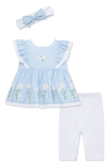 Little Me Daisy Border Tunic Top, Leggings & Headband Set in Blue at Nordstrom Rack, Size 18M