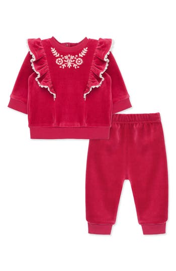 Little Me Floral Ruffle Velour Top & Joggers in Red at Nordstrom Rack, Size 6M