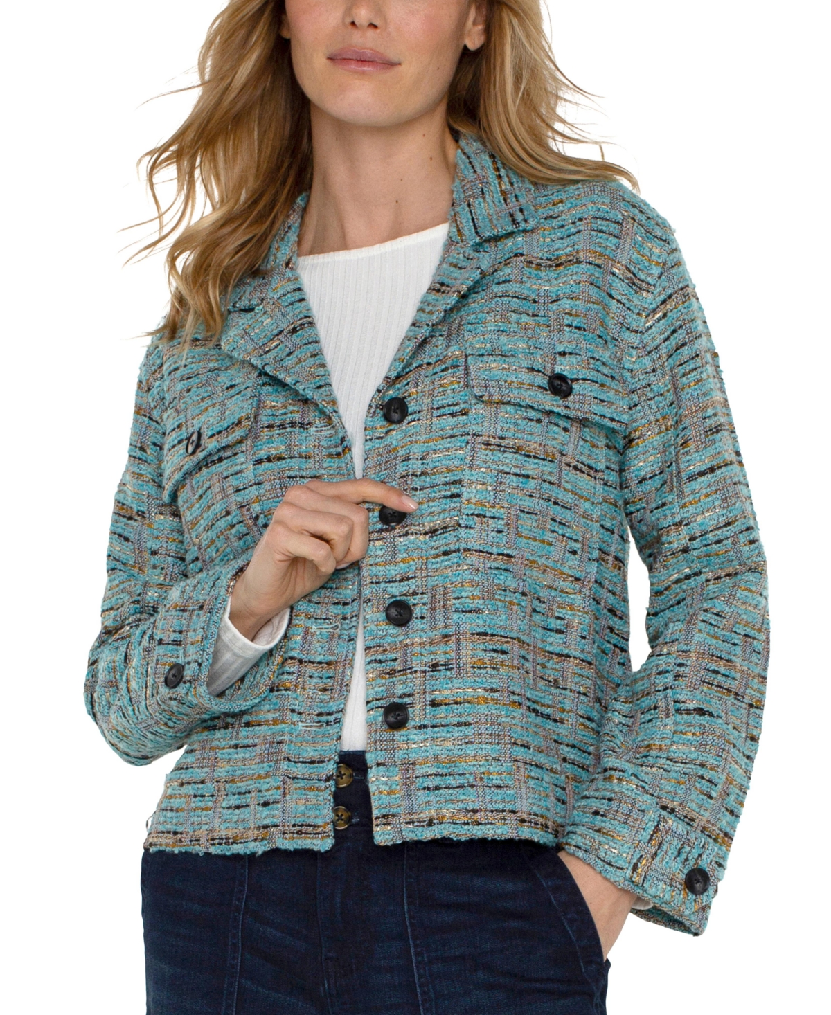 Liverpool Los Angeles Women's Button-Front Boxy Shacket - Ocean Boucle