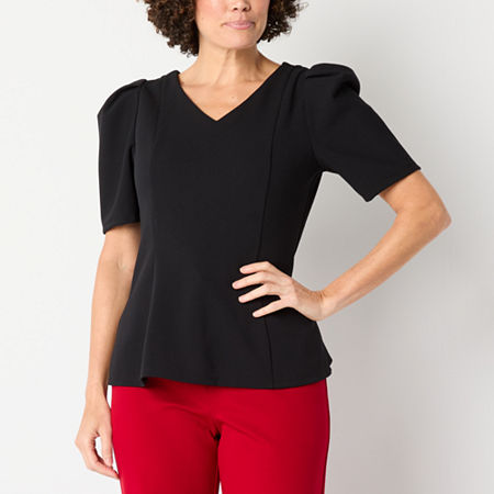 Liz Claiborne Womens V Neck Short Sleeve Peplum Top, Petite Xx-large, Black