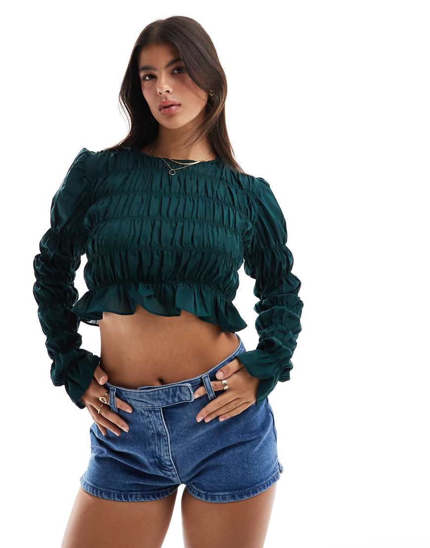 Lola May gathered satin long sleeve crop top-Green