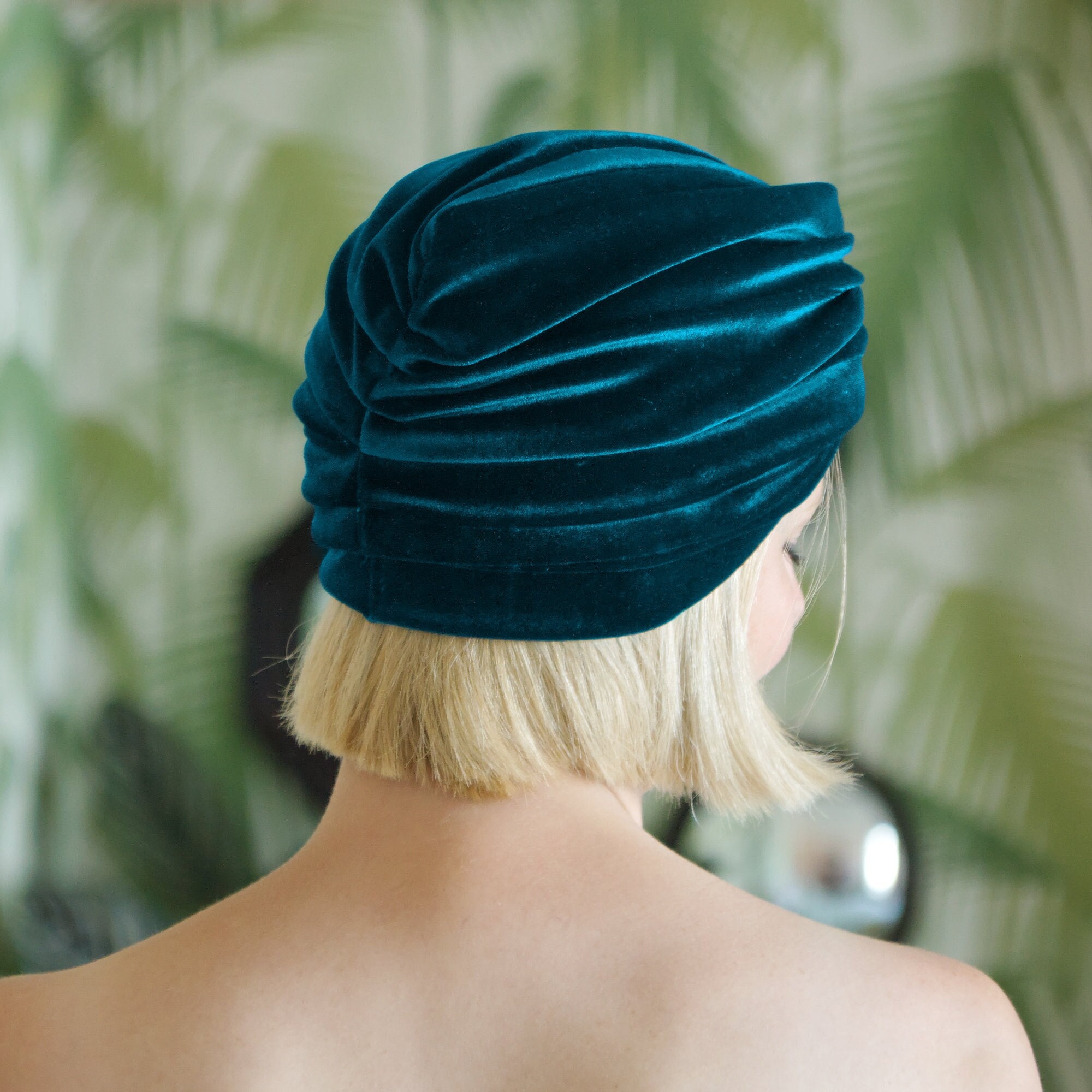 Lola | Teal Blue Velvet Twist Front Lined Turban Hat. Luxury Vintage Style Winter Pleated Cloche Cap. Old Hollywood Christmas Gift For Her