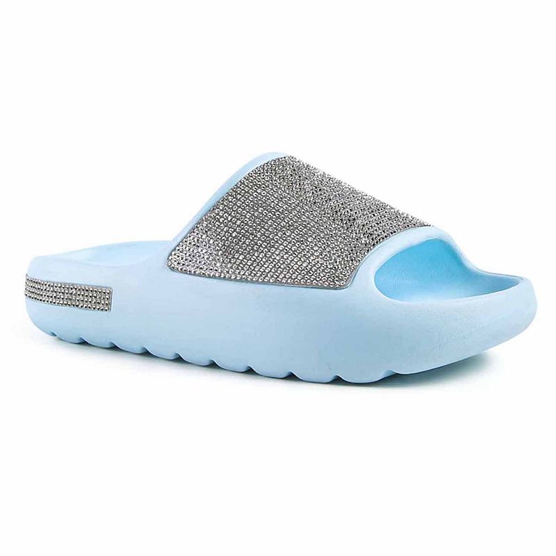 London Rag DUMBA Diamante Women's Pool Sliders, Size: 6, Blue