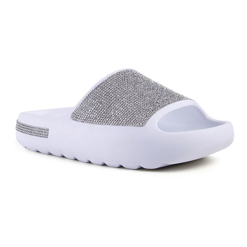 London Rag DUMBA Diamante Women's Pool Sliders, Size: 8, White