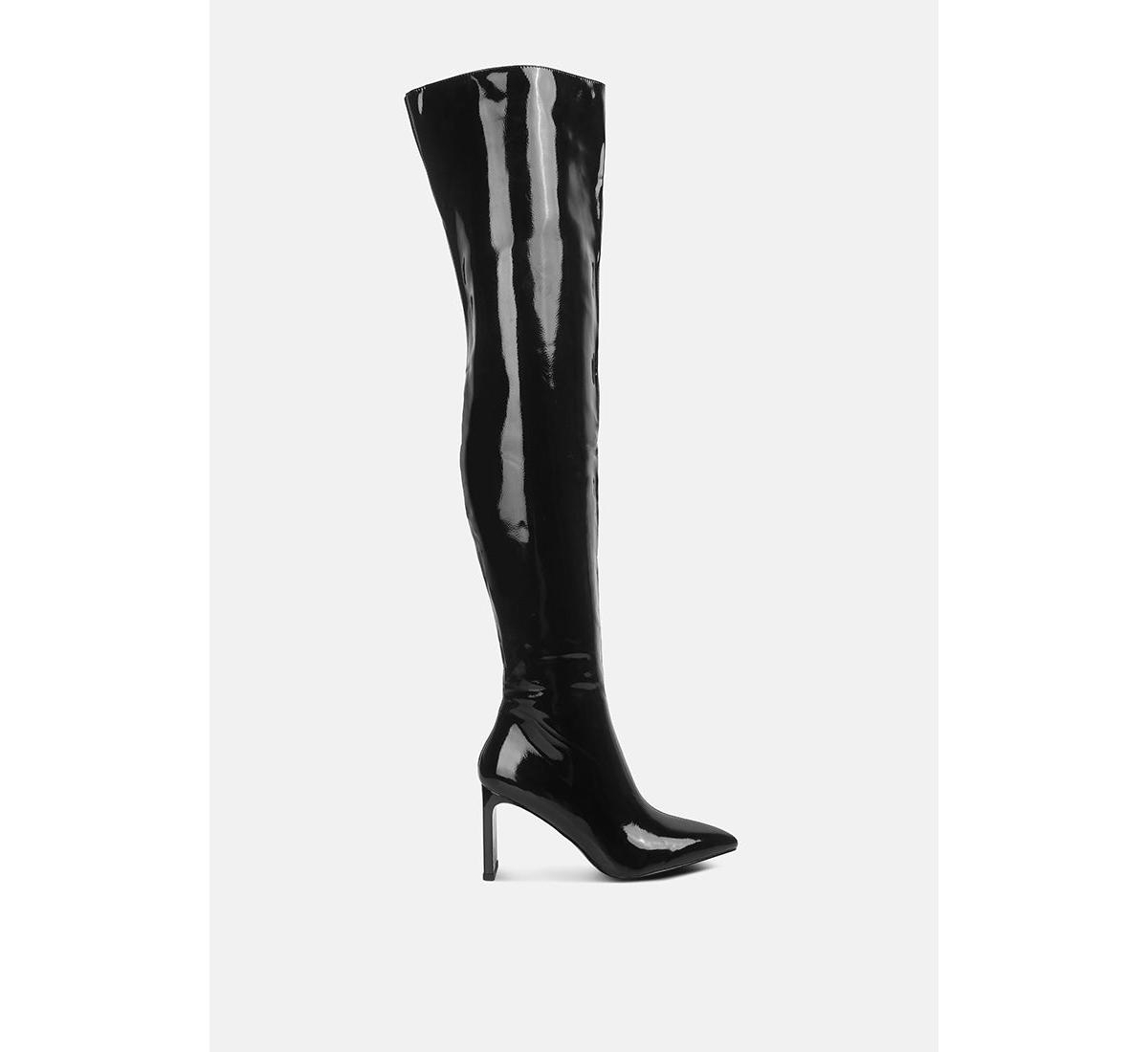 London Rag Minkles Patent Pu Long Slim Block Heeled Boots - Black