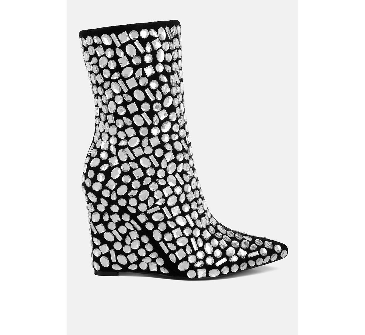 London Rag Trend Titan Diamante Slim Wedge Heel Boots - Black